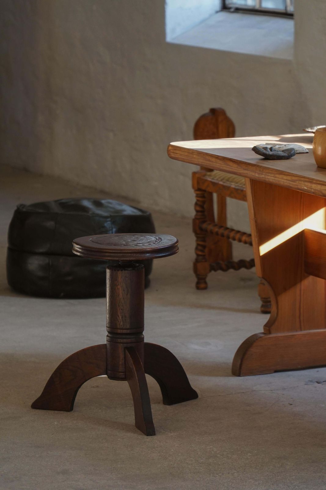 Early 20th Century, Adjustable Danish Art Nouveau Stool, Carved Wood, 1920s photo 596.0