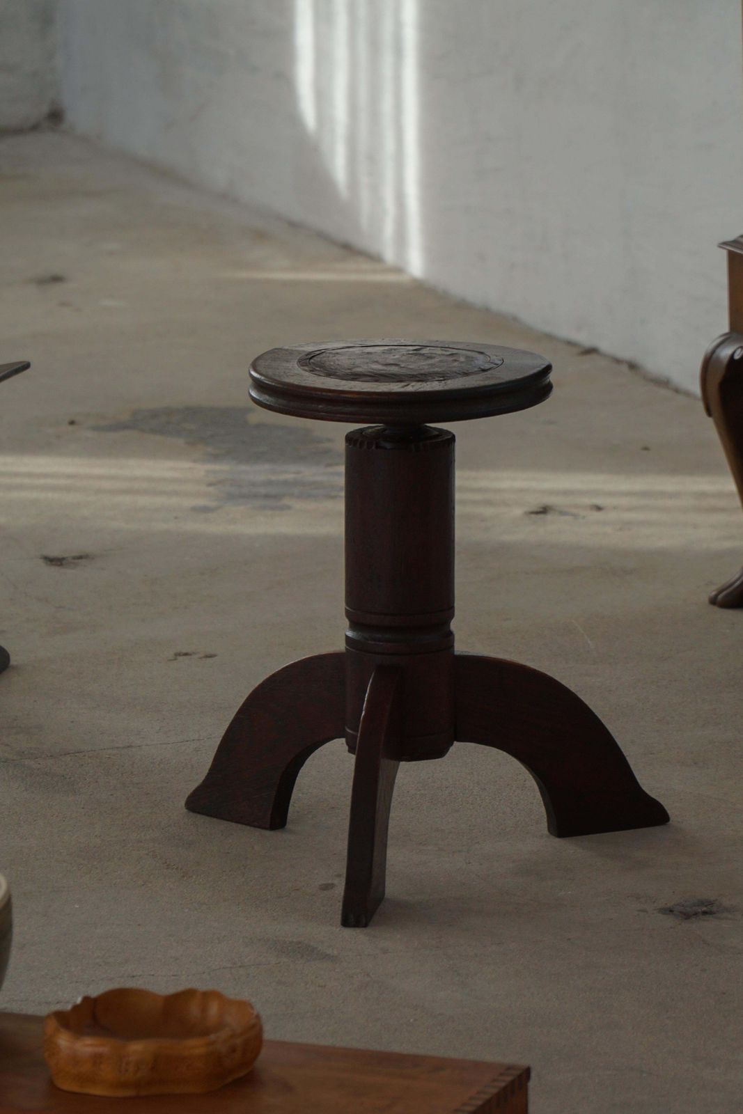 photo for sale Early 20th Century, Adjustable Danish Art Nouveau Stool, Carved Wood, 1920s
