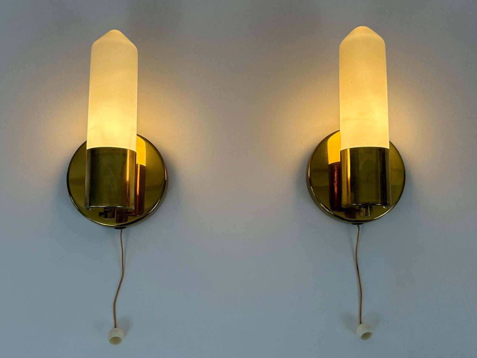 Set Of Two Elegant Bauhaus Brass & Opaline Glass Sconces Germany 1950s photo furniture