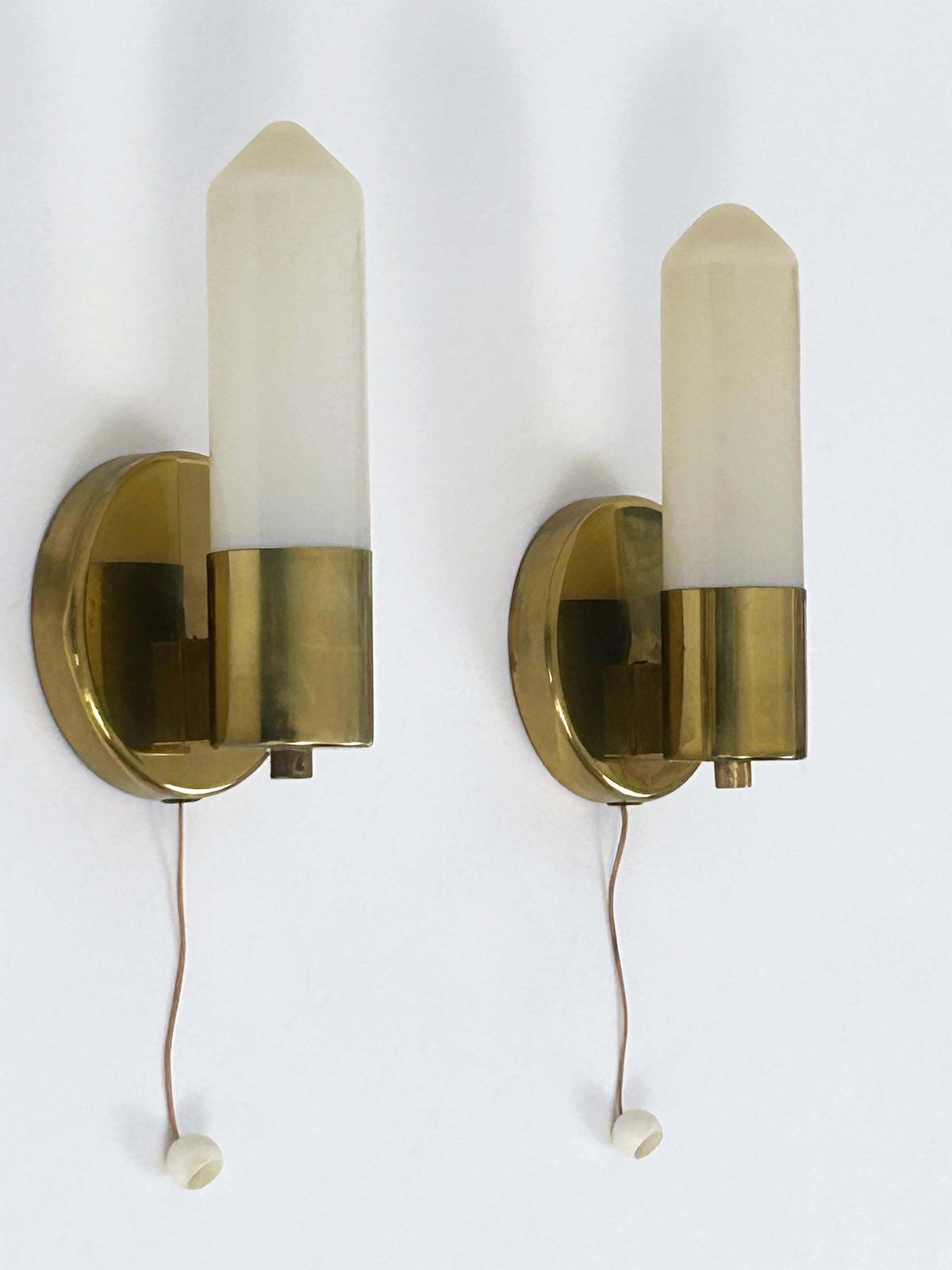 photo vinterior Set Of Two Elegant Bauhaus Brass & Opaline Glass Sconces Germany 1950s