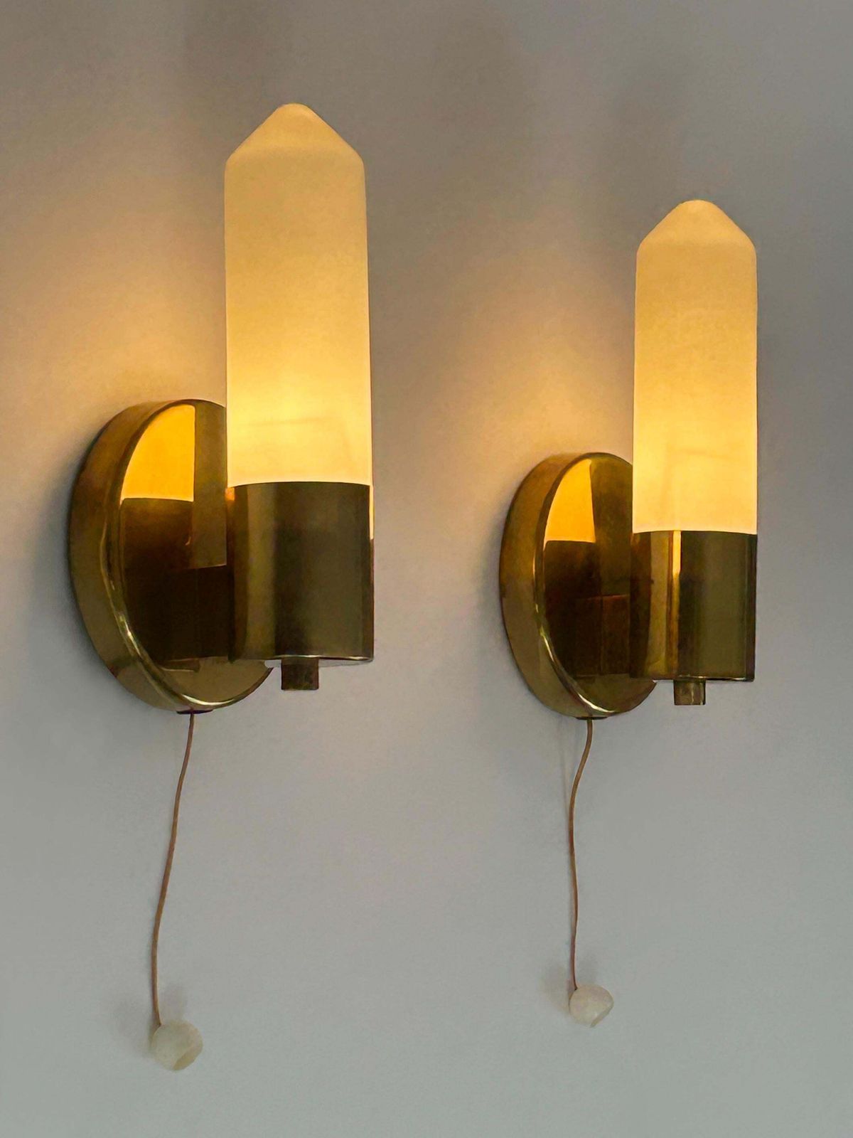 photo buy Set Of Two Elegant Bauhaus Brass & Opaline Glass Sconces Germany 1950s