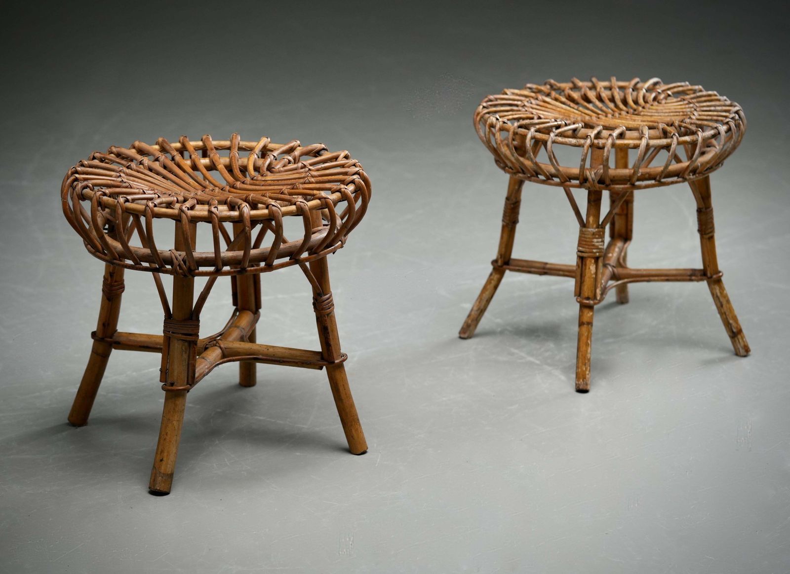 Set Of 2 Franco Albini Rattan And Bamboo Round Ottoman Stools, Italy 1960s photo furniture