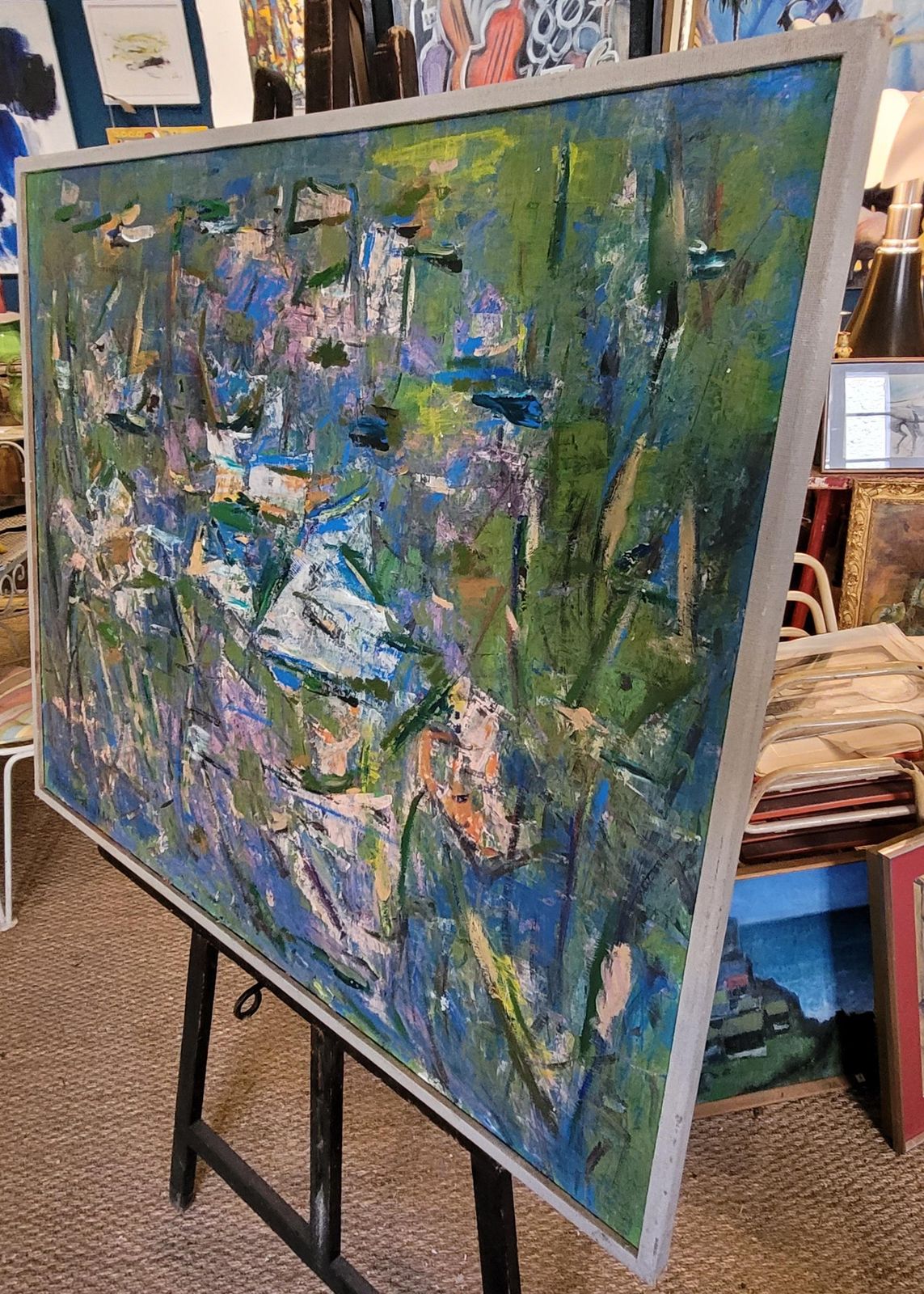 photo furniture Large Abstract Expressionist Oil On Canvas Of Waterlilies, By Françoise Blanc 82.5x101cm