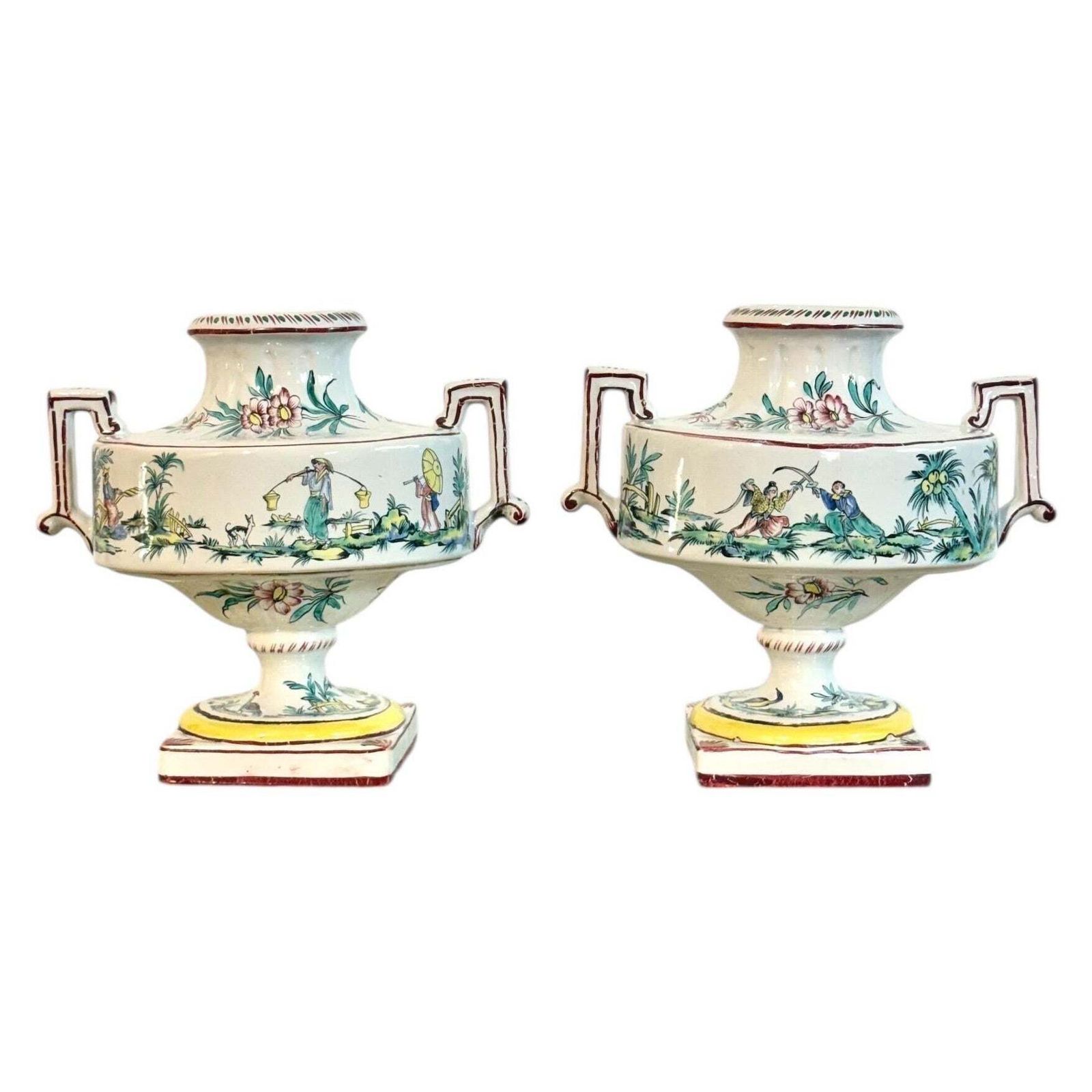 Pair Of French Faience Hand Painted Chinoiserie Urns, 19th Century