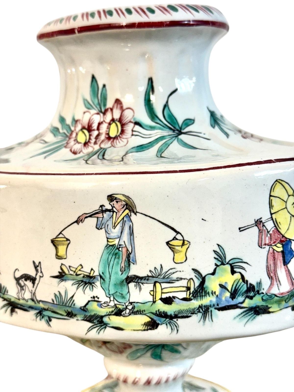 Pair Of French Faience Hand Painted Chinoiserie Urns, 19th Century photo vintage