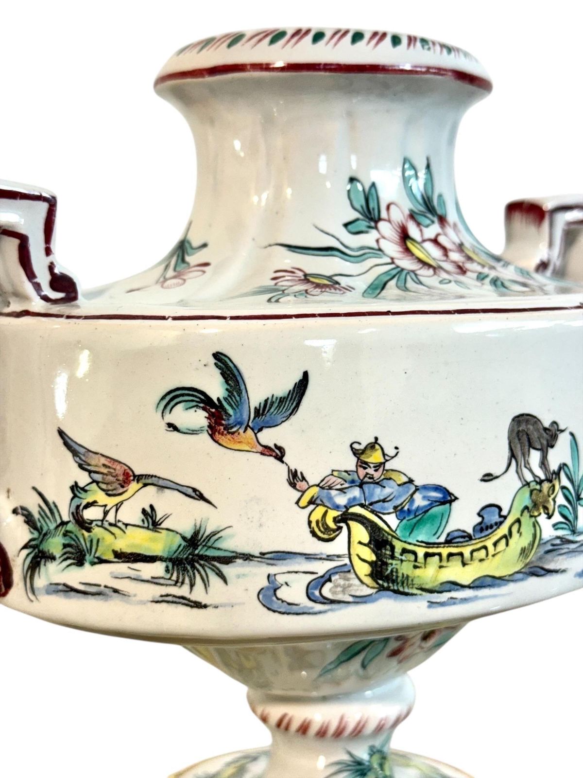 1132.0 Pair Of French Faience Hand Painted Chinoiserie Urns, 19th Century photo