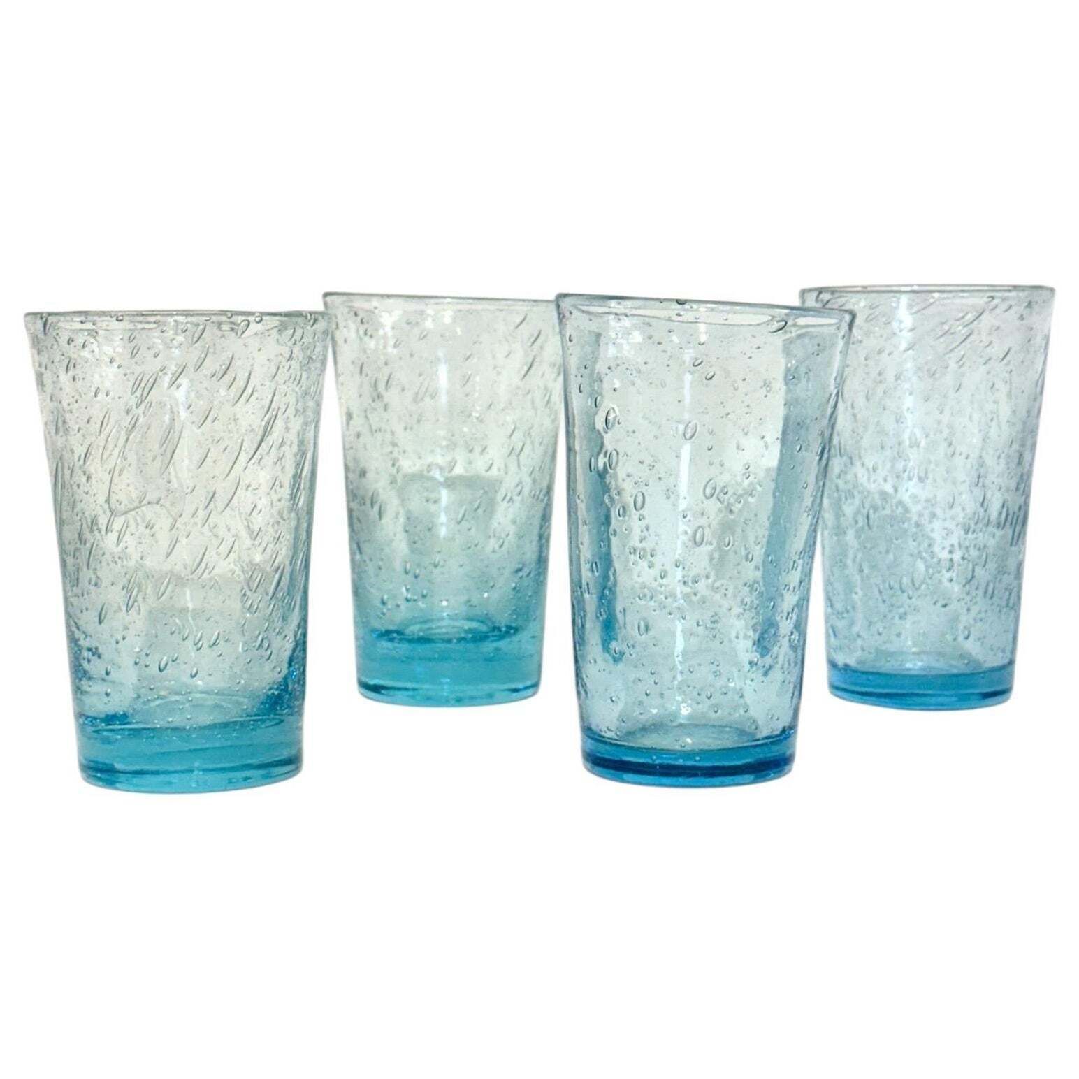 Set Of Four Hand Blown Blue Bubble Glass Tumblers, 20th Century