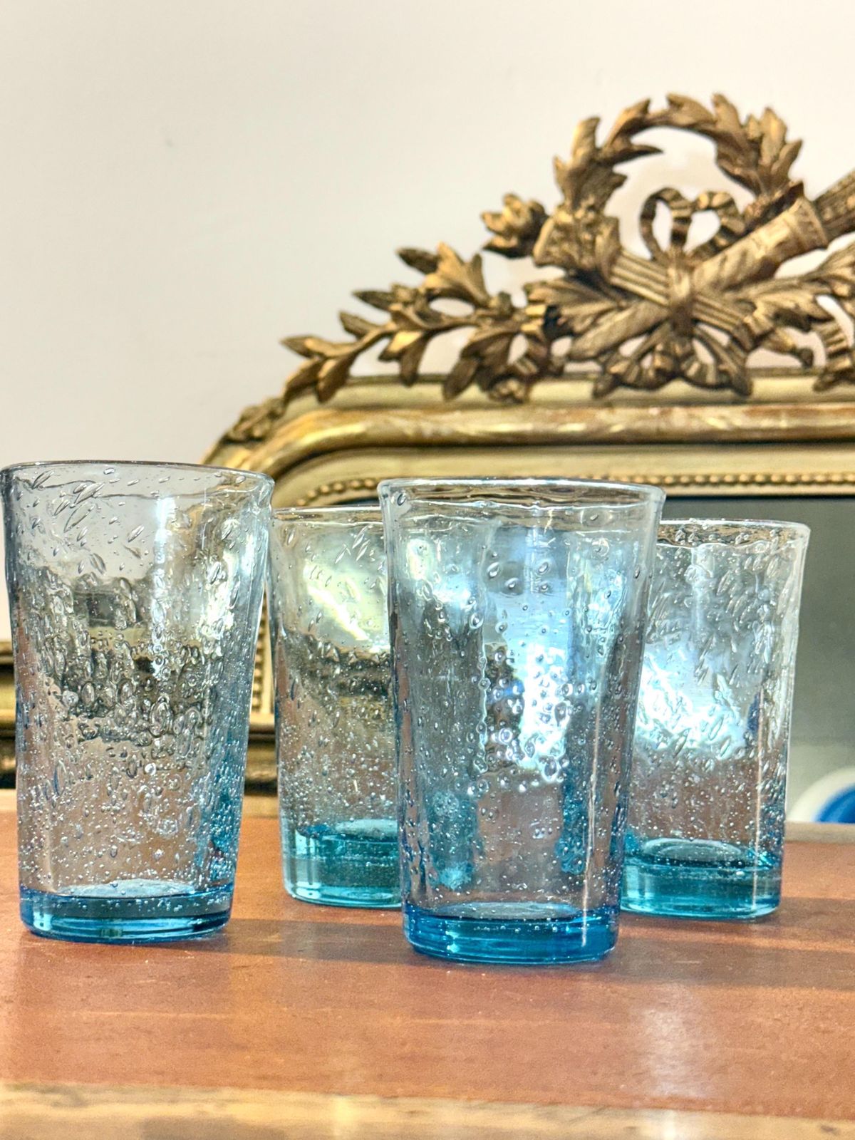 Set Of Four Hand Blown Blue Bubble Glass Tumblers, 20th Century photo 277.0
