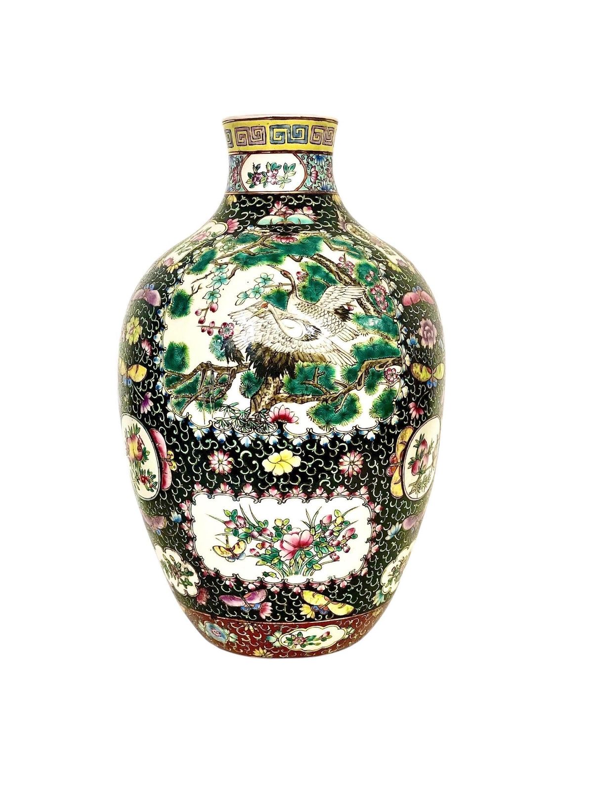 Large Chinese Famille Noire Porcelain Vase With Birds And Floral Panels photo vintage
