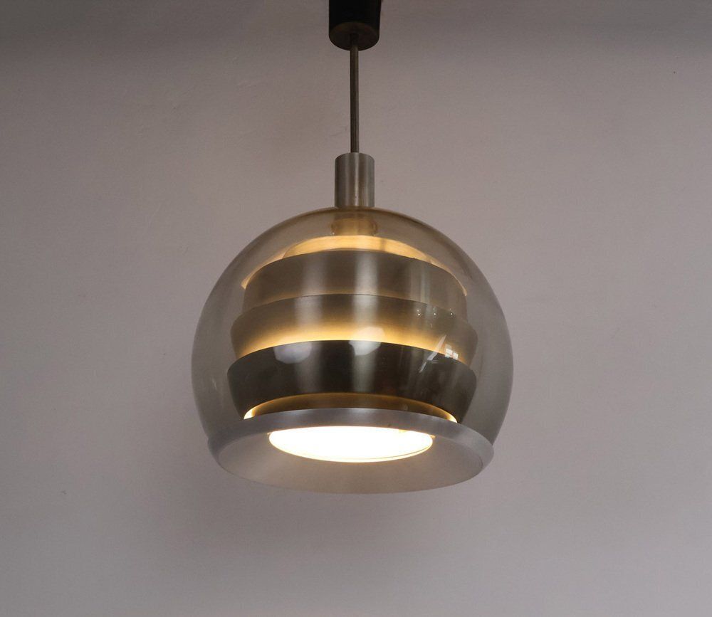 Doria Layered Pendant Lamp In Smoked Glass And Aluminium From Doria Leuchten, 1960s photo vinterior