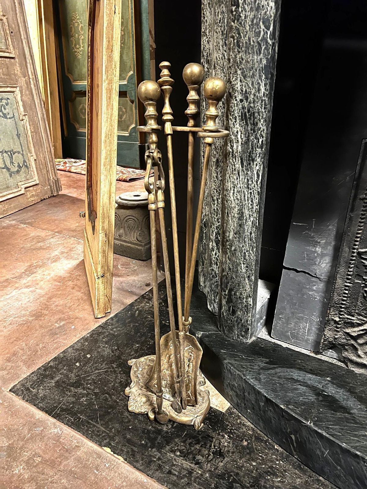 Set Of Gilded Bronze Fireplace Tools, Italy photo for sale