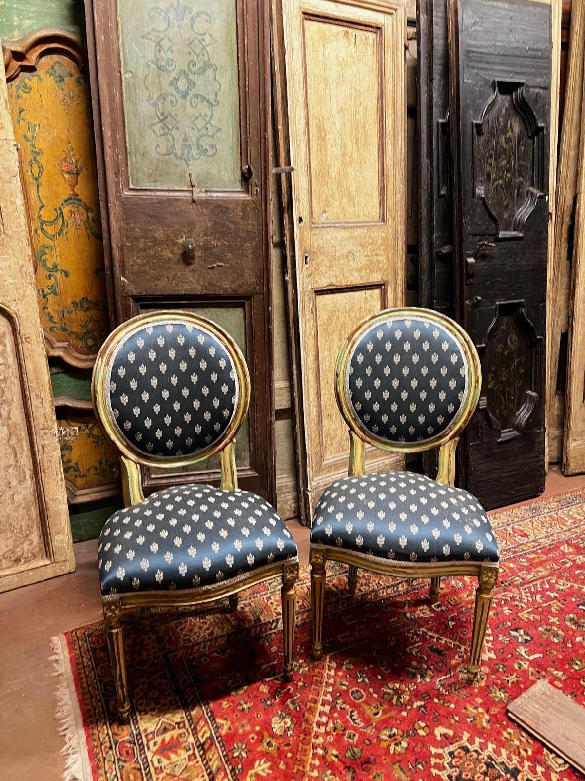 No. 6 Louis XVI Style Chairs, White Lacquer With Blue Lily Fabric, Italy photo vinterior
