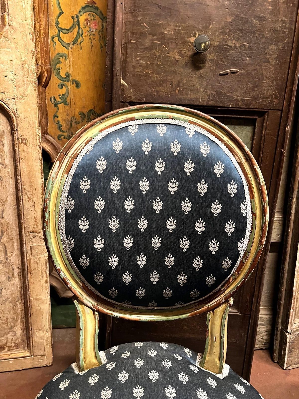 No. 6 Louis XVI Style Chairs, White Lacquer With Blue Lily Fabric, Italy photo buy