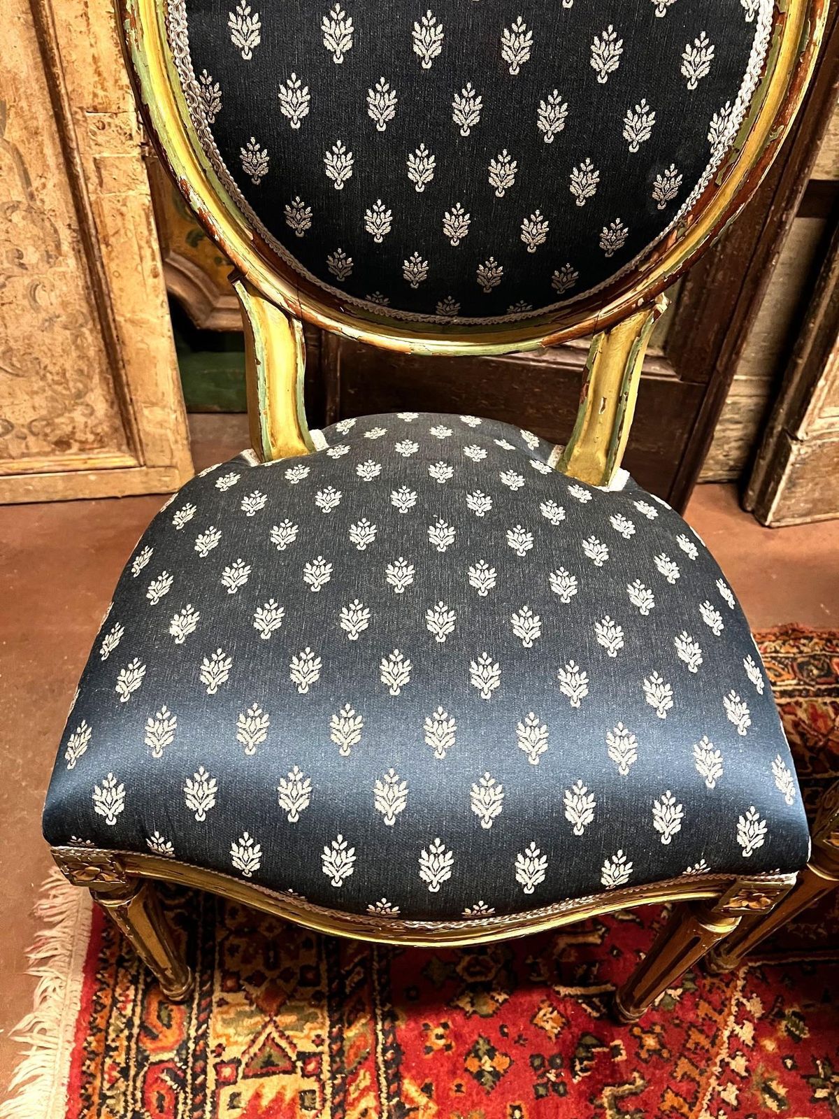 No. 6 Louis XVI Style Chairs, White Lacquer With Blue Lily Fabric, Italy photo vintage