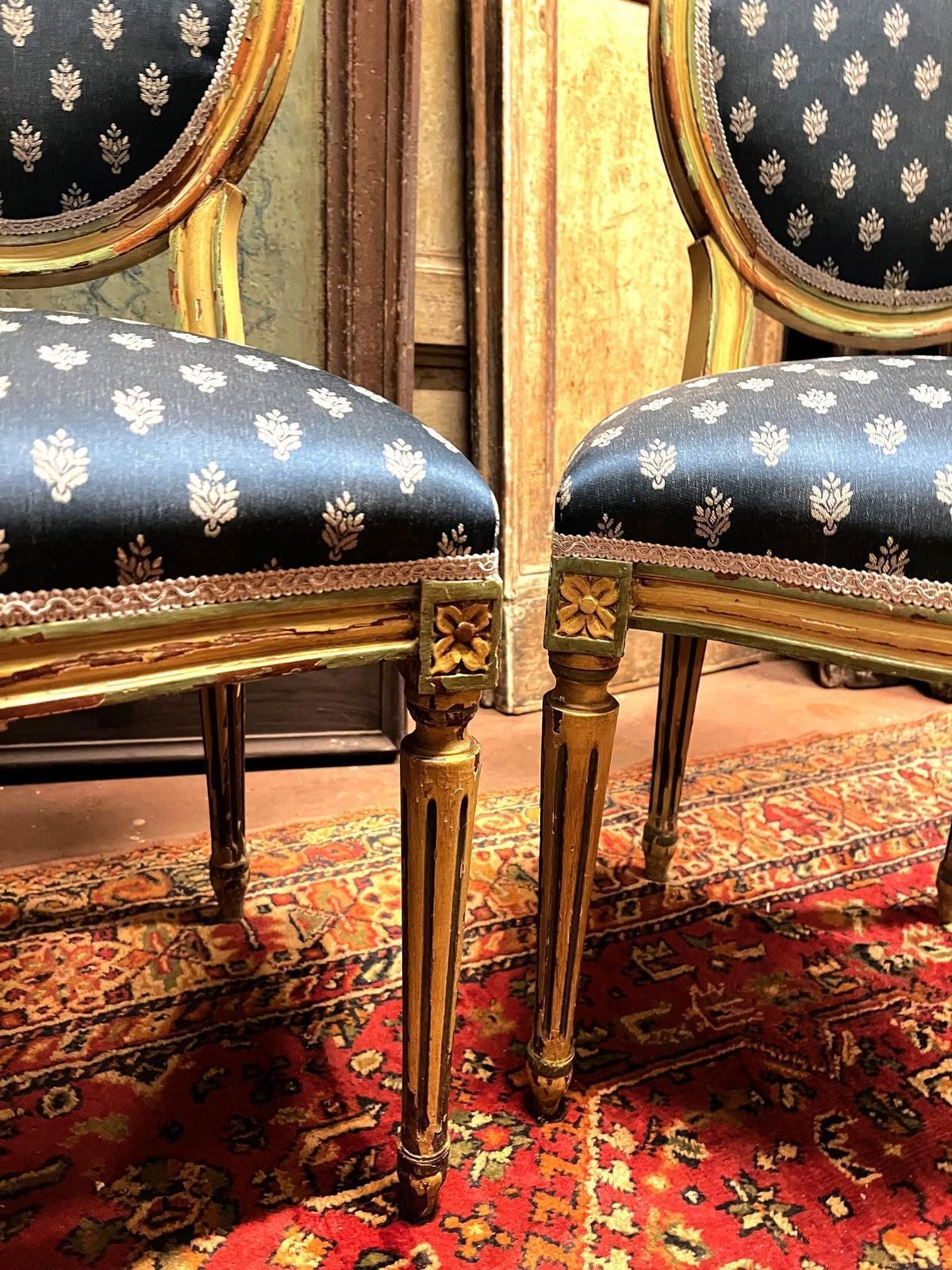 photo furniture No. 6 Louis XVI Style Chairs, White Lacquer With Blue Lily Fabric, Italy