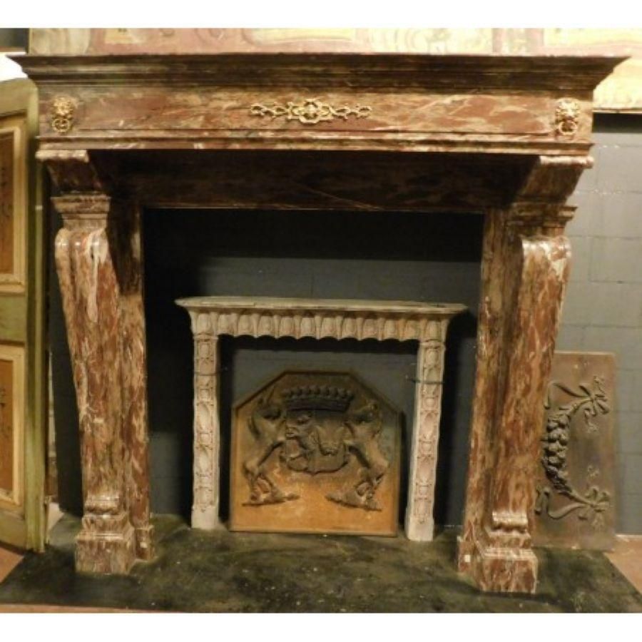 Fireplace Mantel In Levanto Red Marble, Applied Bronzes Empire Style, Italy photo buy