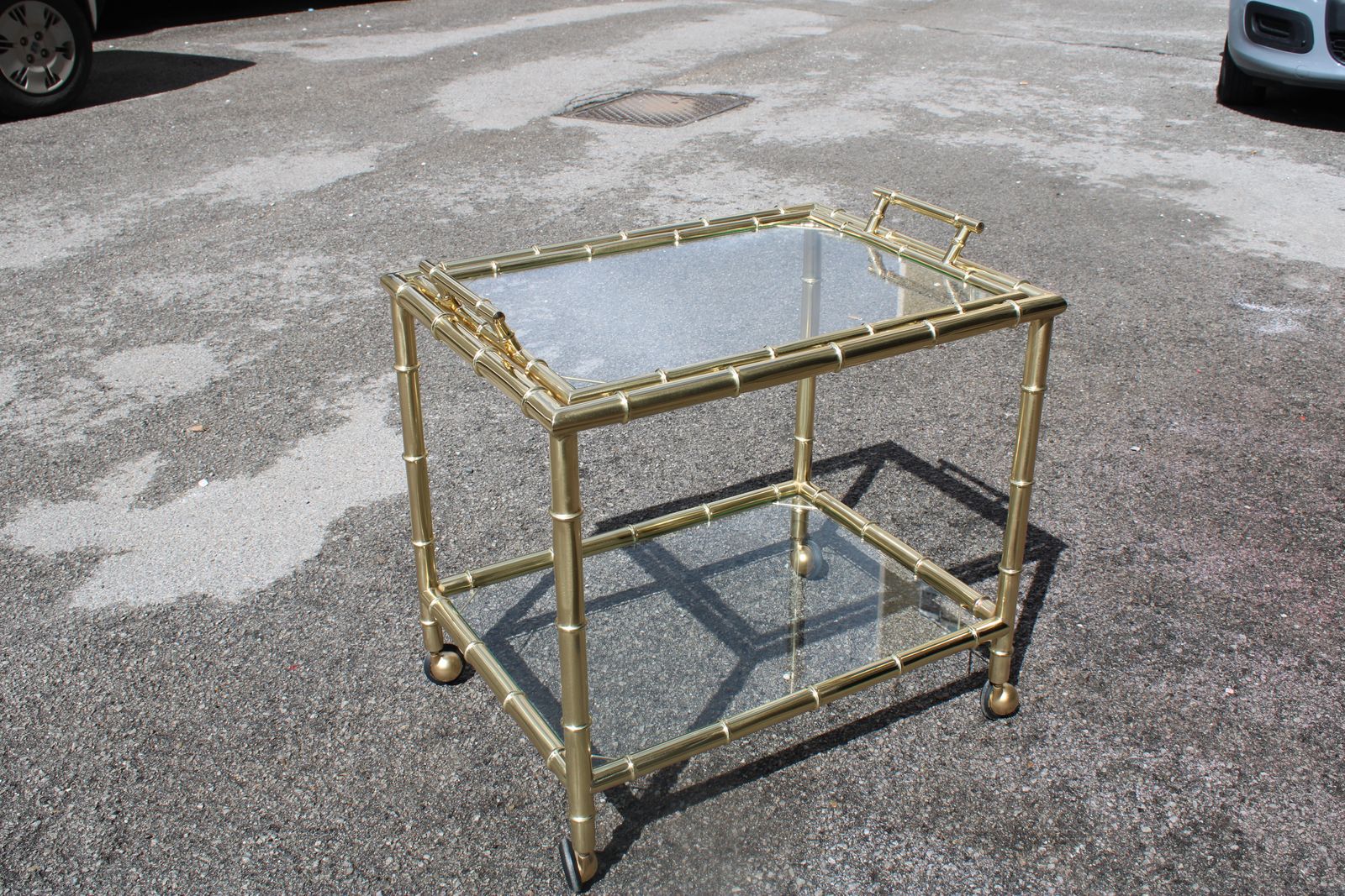 Bar Trolley Pull Out Tray Brass Shaped Bamboo Bar Trolley 1970 Italy photo vintage