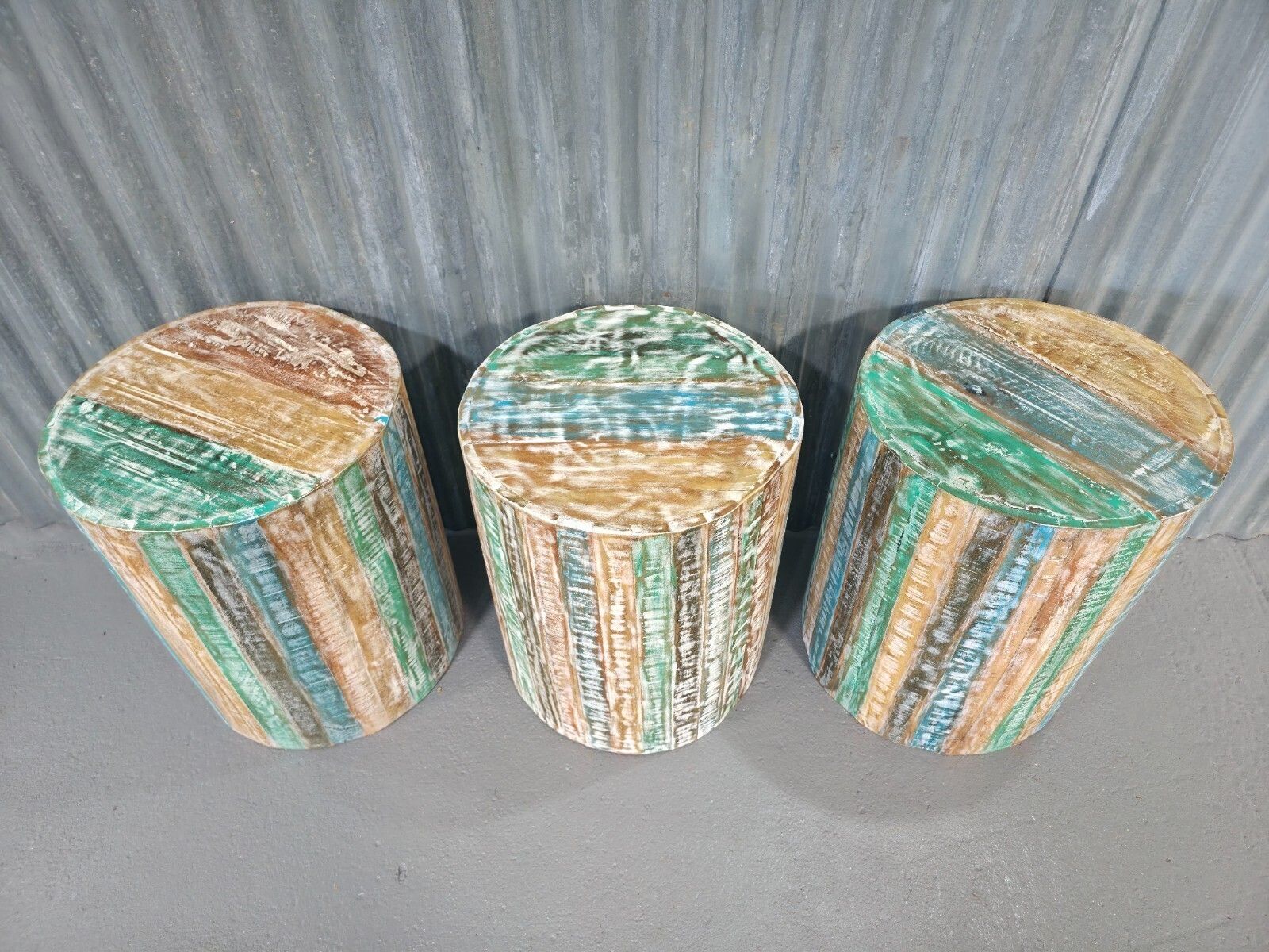 Vintage Reclaimed Round Wooden Side Bedside Barrel Table Plant Stand photo furniture