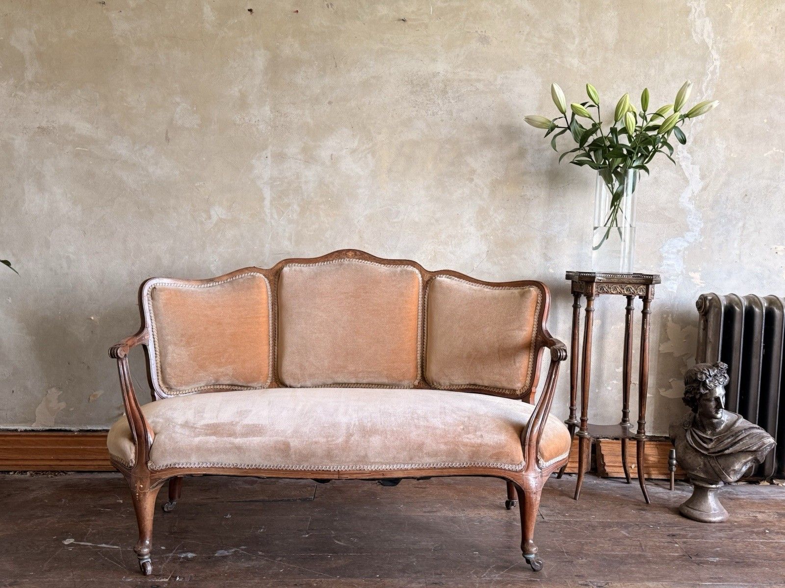 Antique Terricotta Velvet Inlaid Louis XV Continental Chaise Longue Sofa Daybed photo furniture