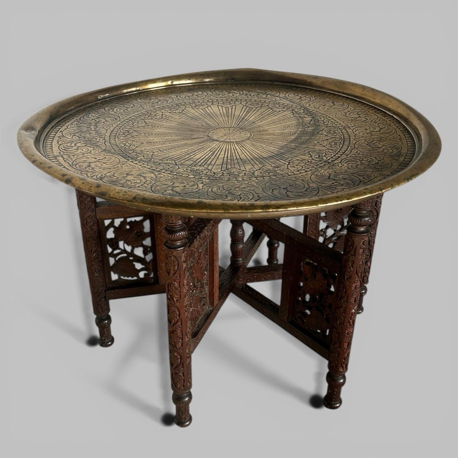 Carved Indian Folding Table With Brass Tray Top – Teak Base