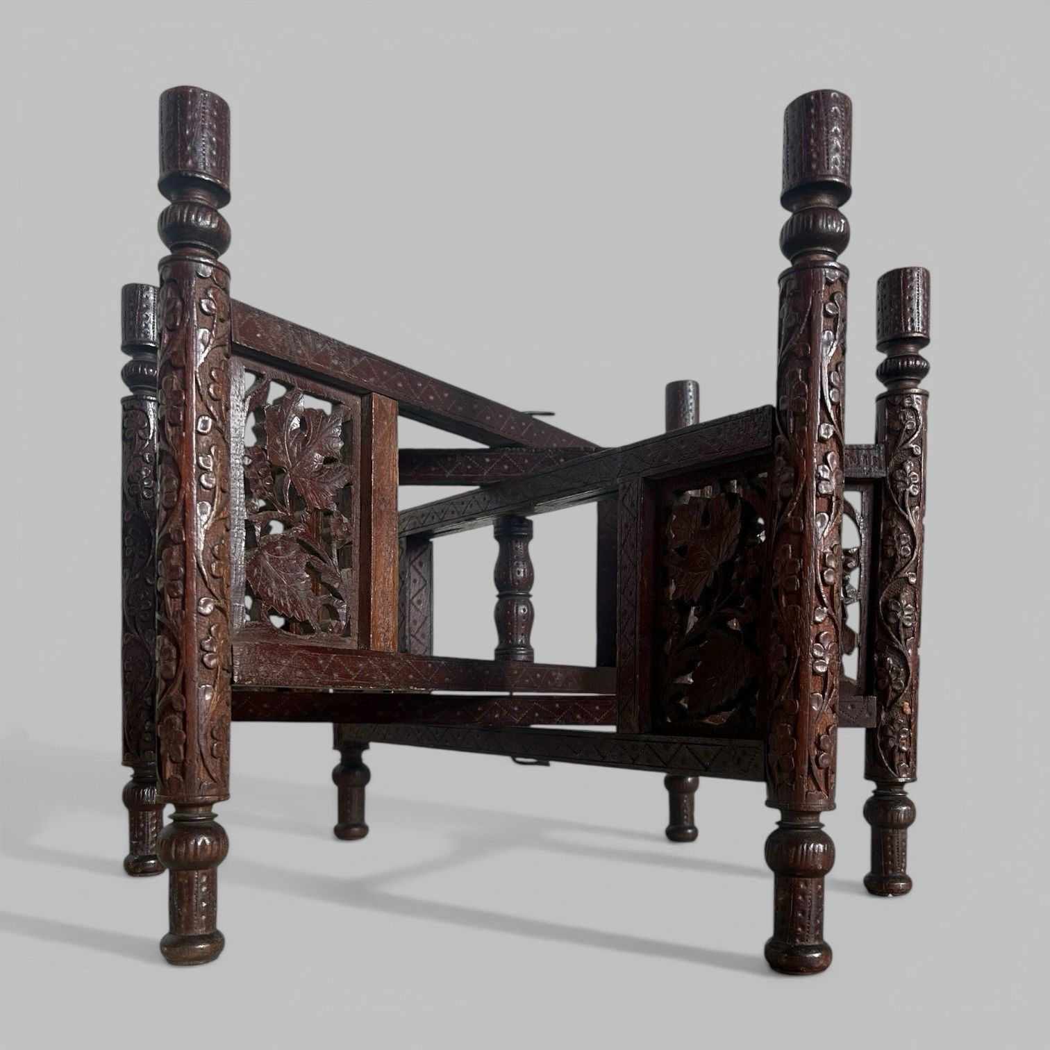 Carved Indian Folding Table With Brass Tray Top – Teak Base photo vintage