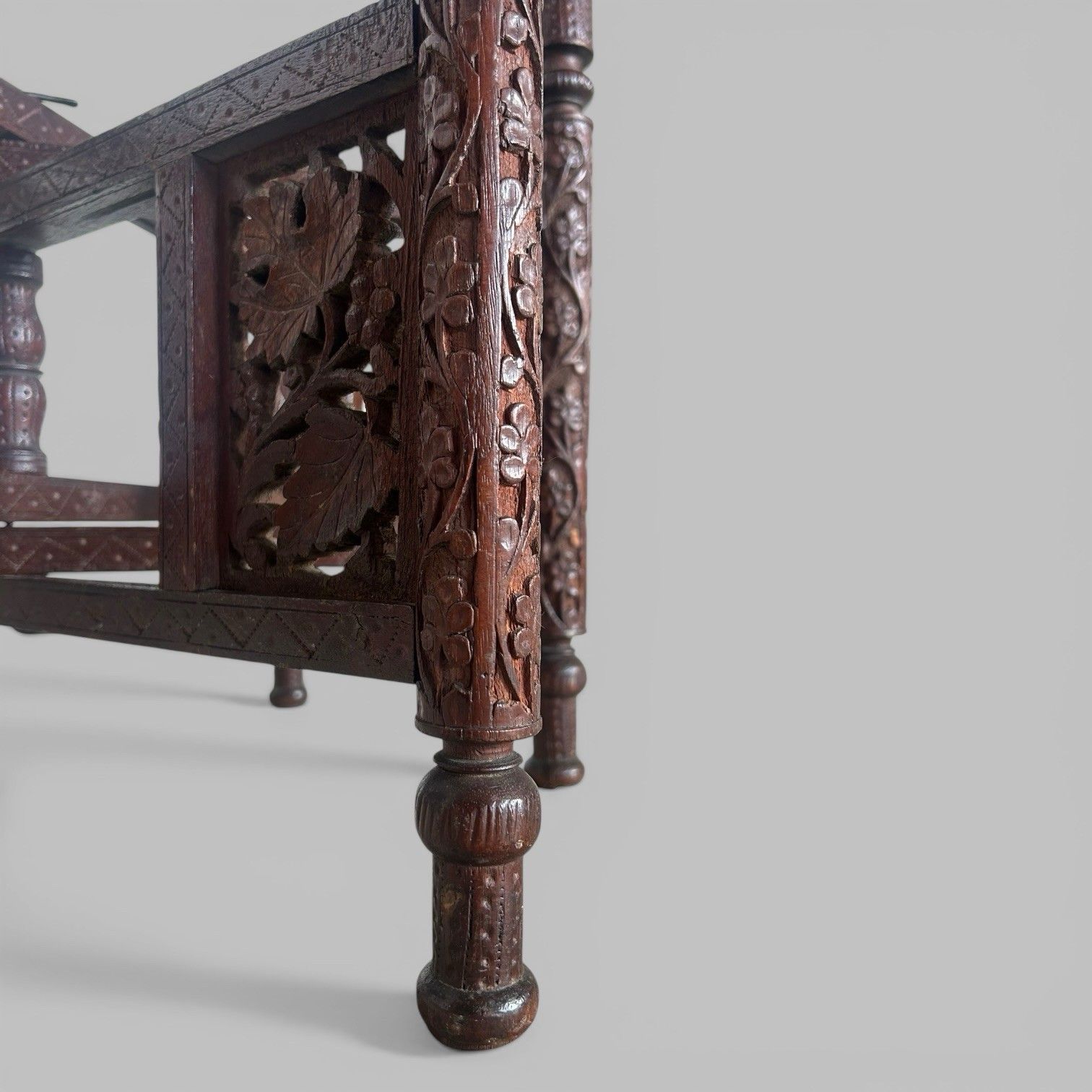 photo furniture Carved Indian Folding Table With Brass Tray Top – Teak Base