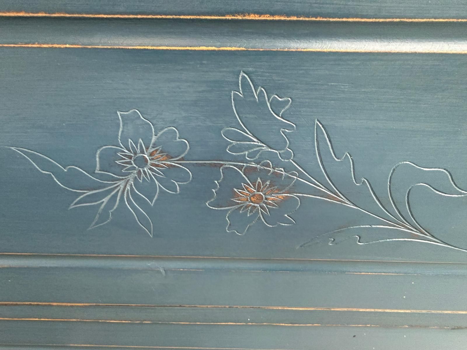 An Original Pine Victorian Painted Blue Carved 3 Drawer Chest Of Drawers photo for sale