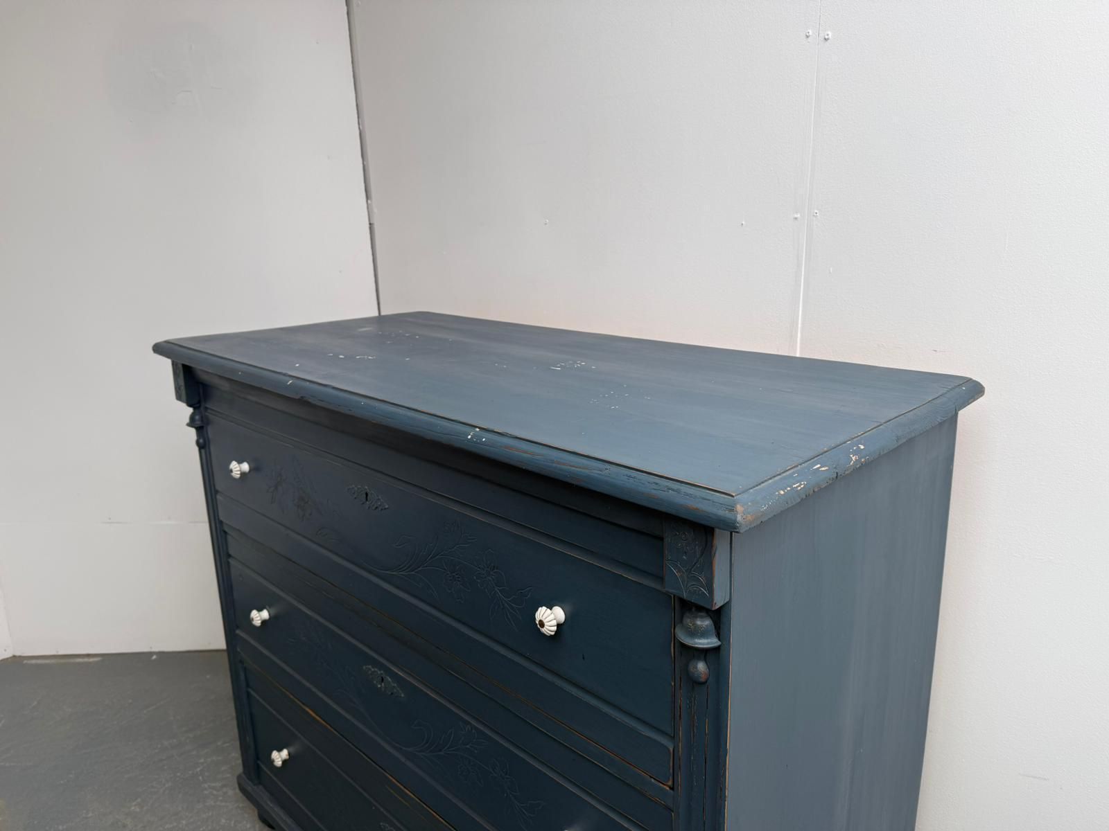 An Original Pine Victorian Painted Blue Carved 3 Drawer Chest Of Drawers photo Furniture