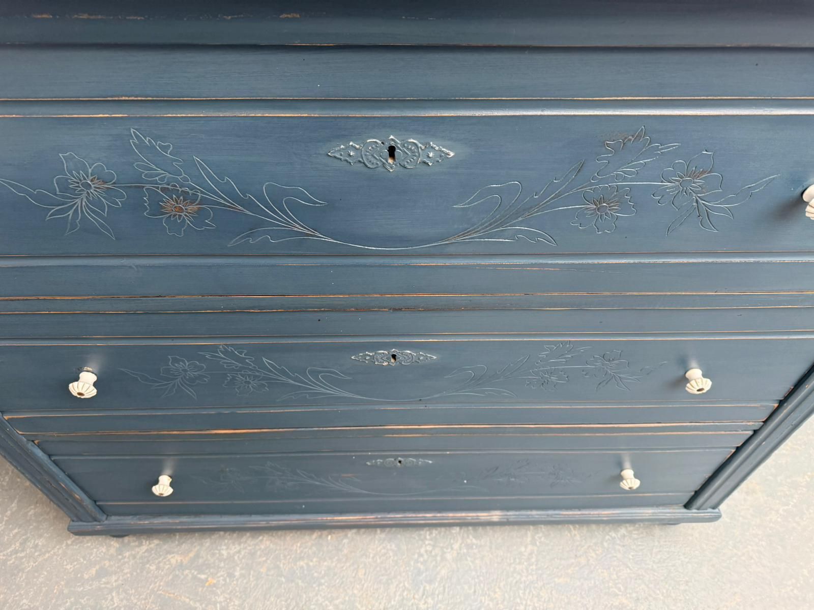 photo for sale An Original Pine Victorian Painted Blue Carved 3 Drawer Chest Of Drawers