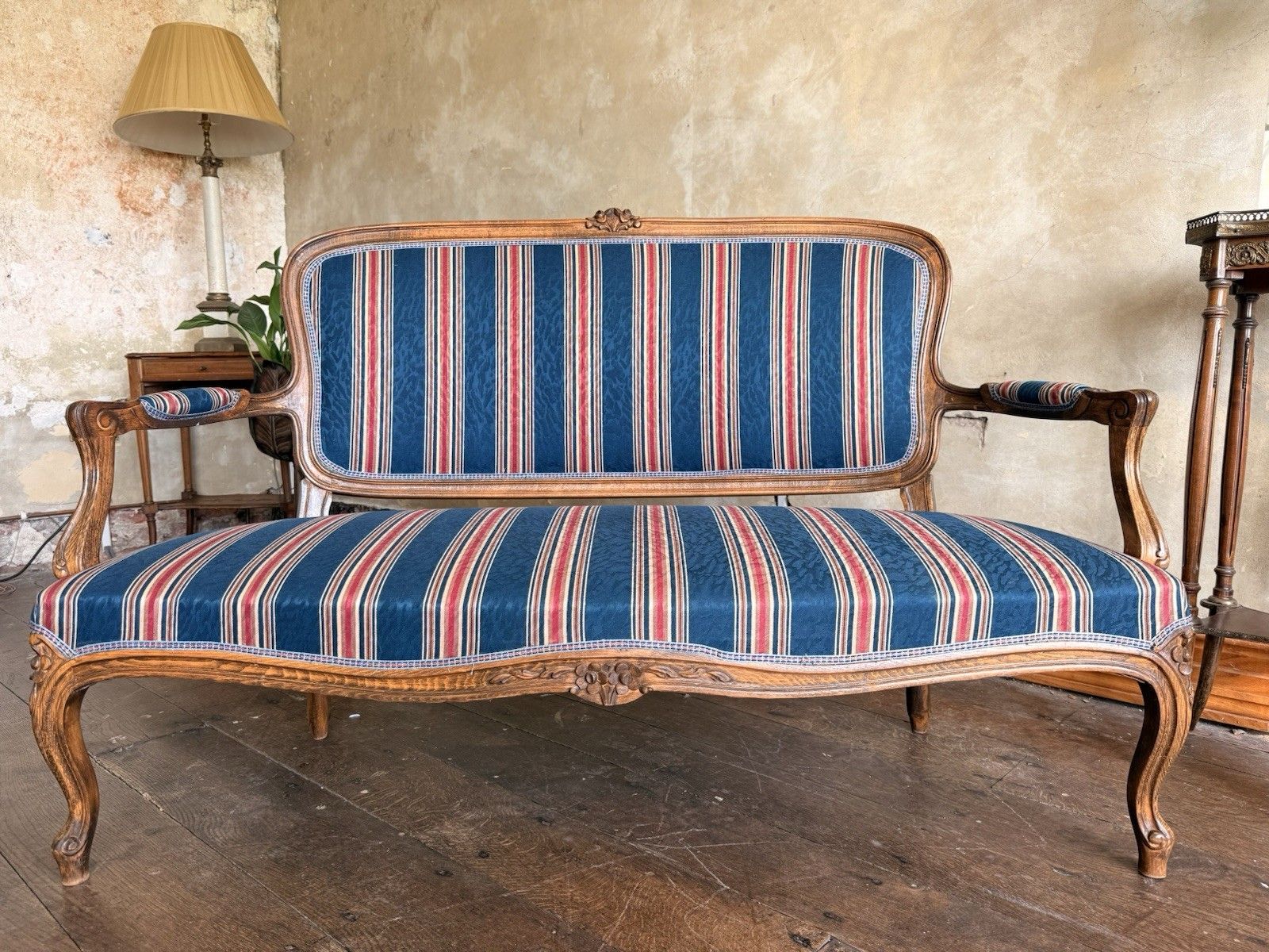 Antique Continental  Louis XV Deep Blue Red Stripe Chaise Longue Settee Sofa photo for sale