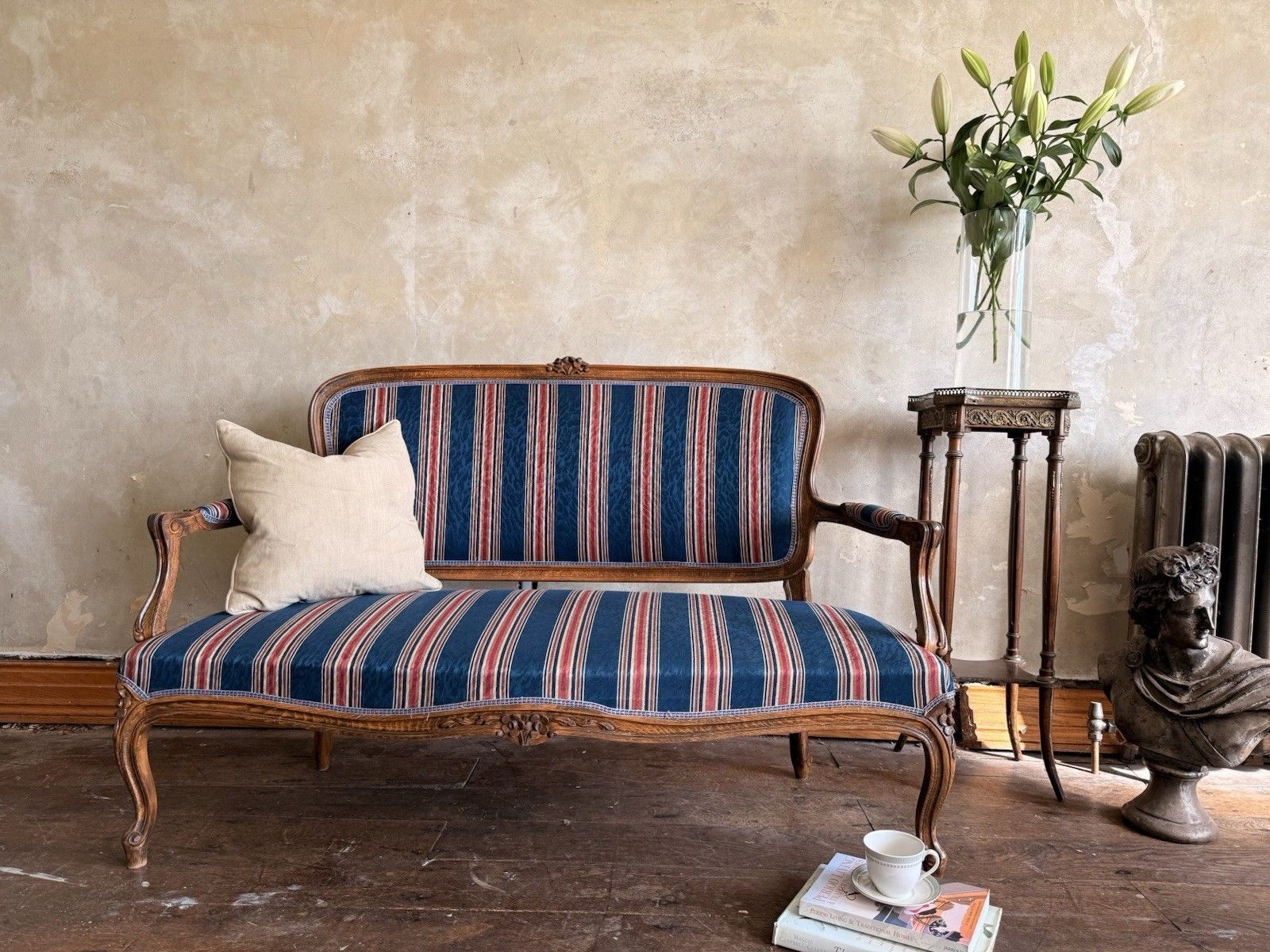 Antique Continental  Louis XV Deep Blue Red Stripe Chaise Longue Settee Sofa photo Furniture