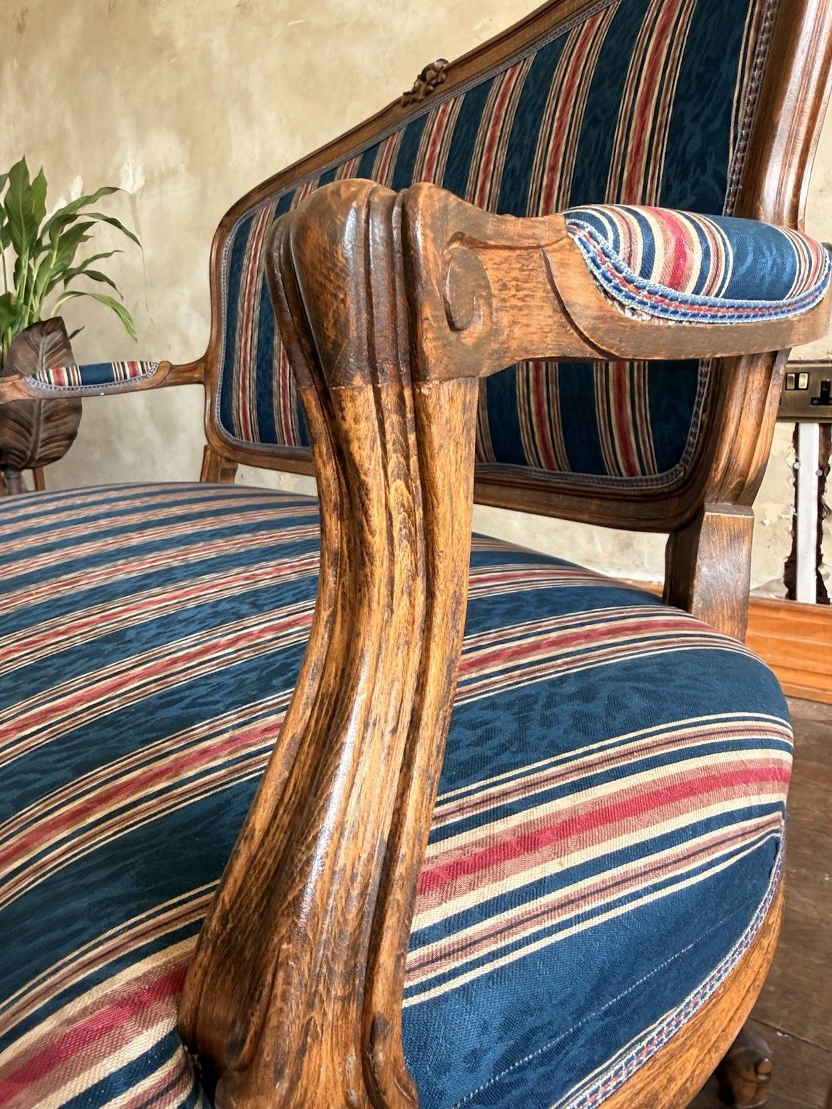 photo buy Antique Continental  Louis XV Deep Blue Red Stripe Chaise Longue Settee Sofa