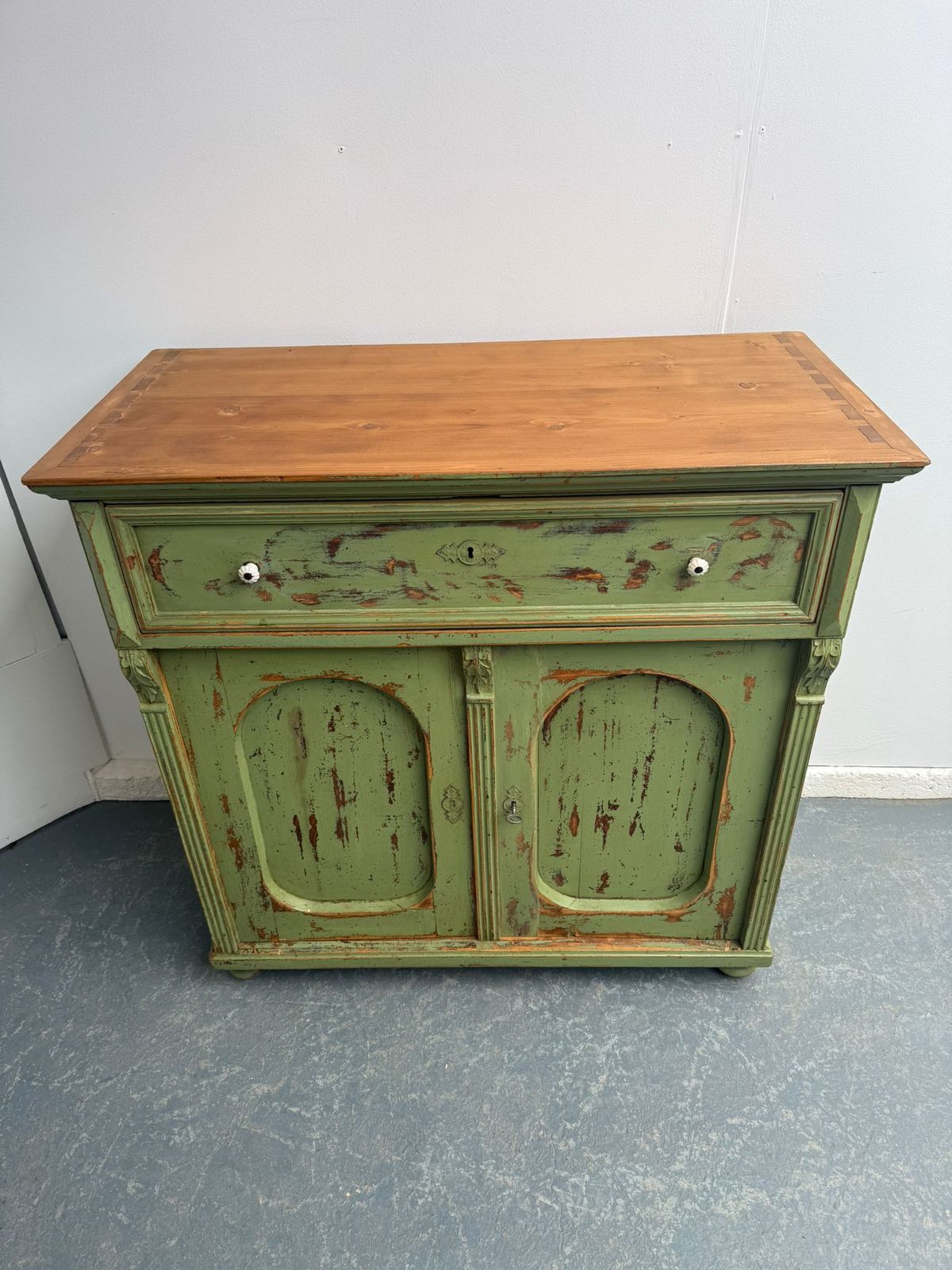 A Pretty Originally Painted Hungarian Light Green 2 Door Shallow Dresser Base photo Furniture