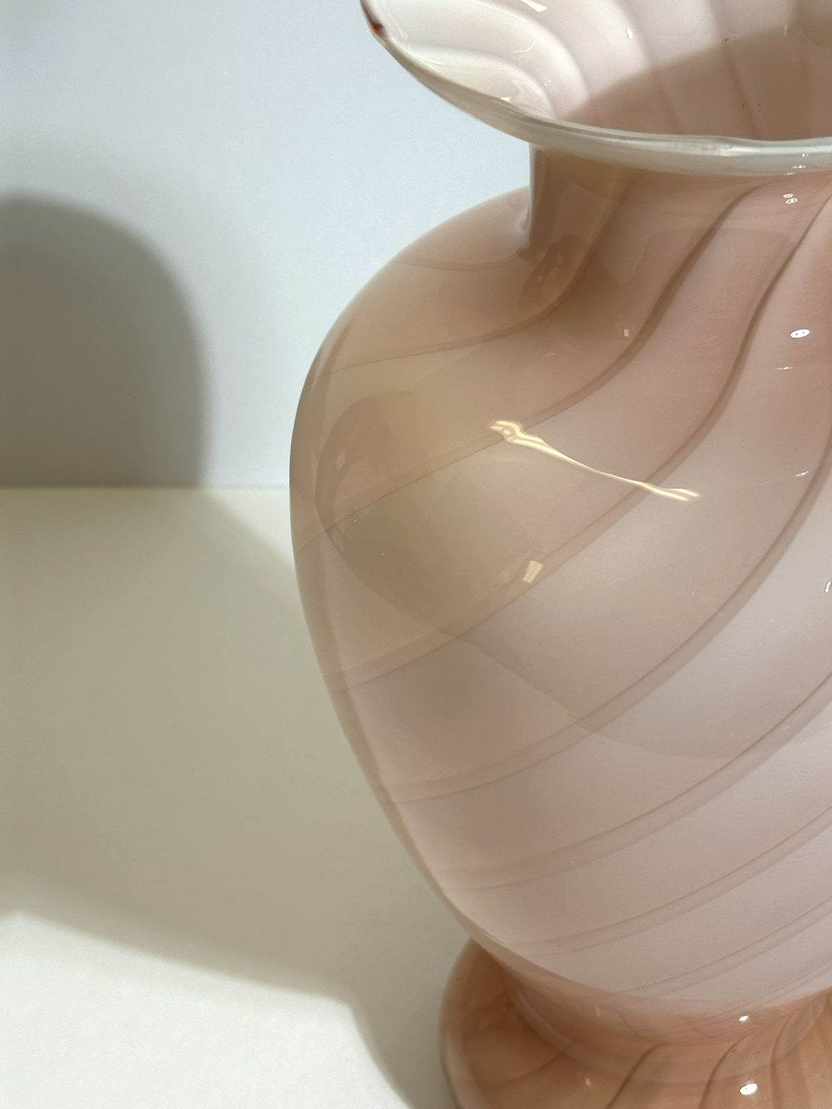 Murano Blush Pink Glass Vase, Cased Optic Swirl Urn On Pedestal, 1970s Italy photo furniture