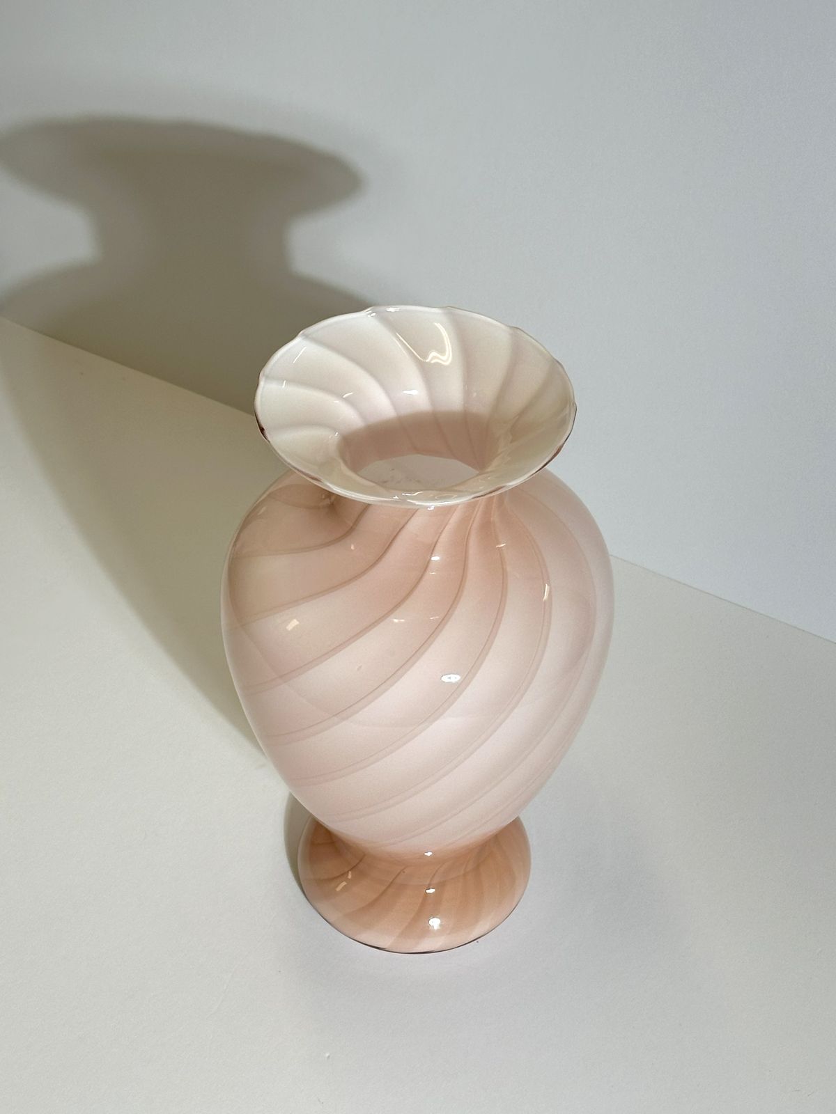 Murano Blush Pink Glass Vase, Cased Optic Swirl Urn On Pedestal, 1970s Italy photo for sale