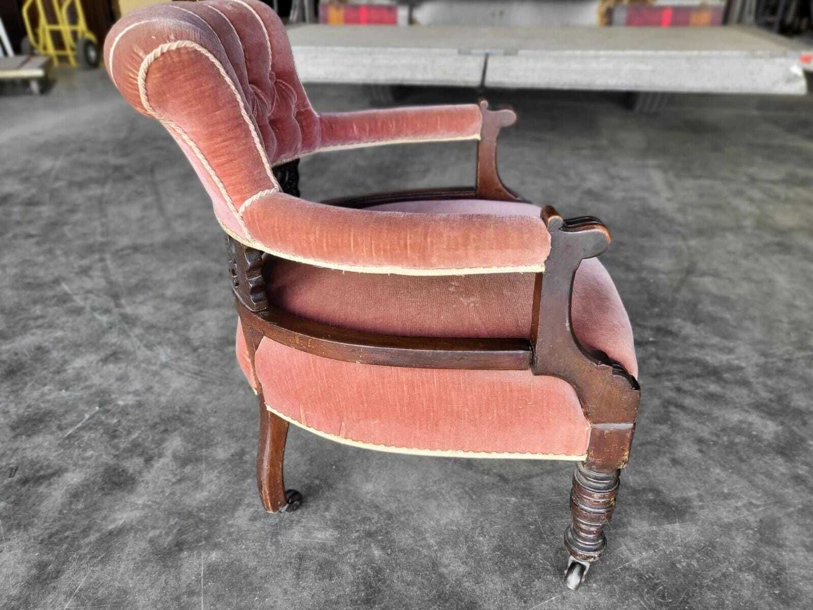 Antique Upholstered Bedroom Tub Arm Chair Legs Castors photo for sale