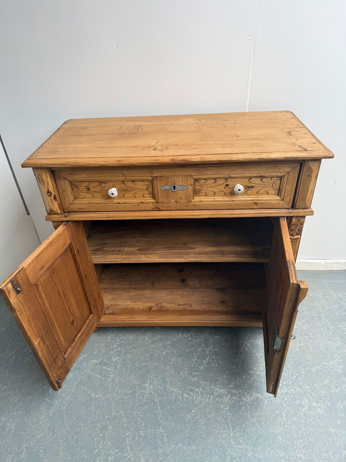 photo for sale A Pretty Pine Victorian Waxed Carved Kitchen Dresser Base