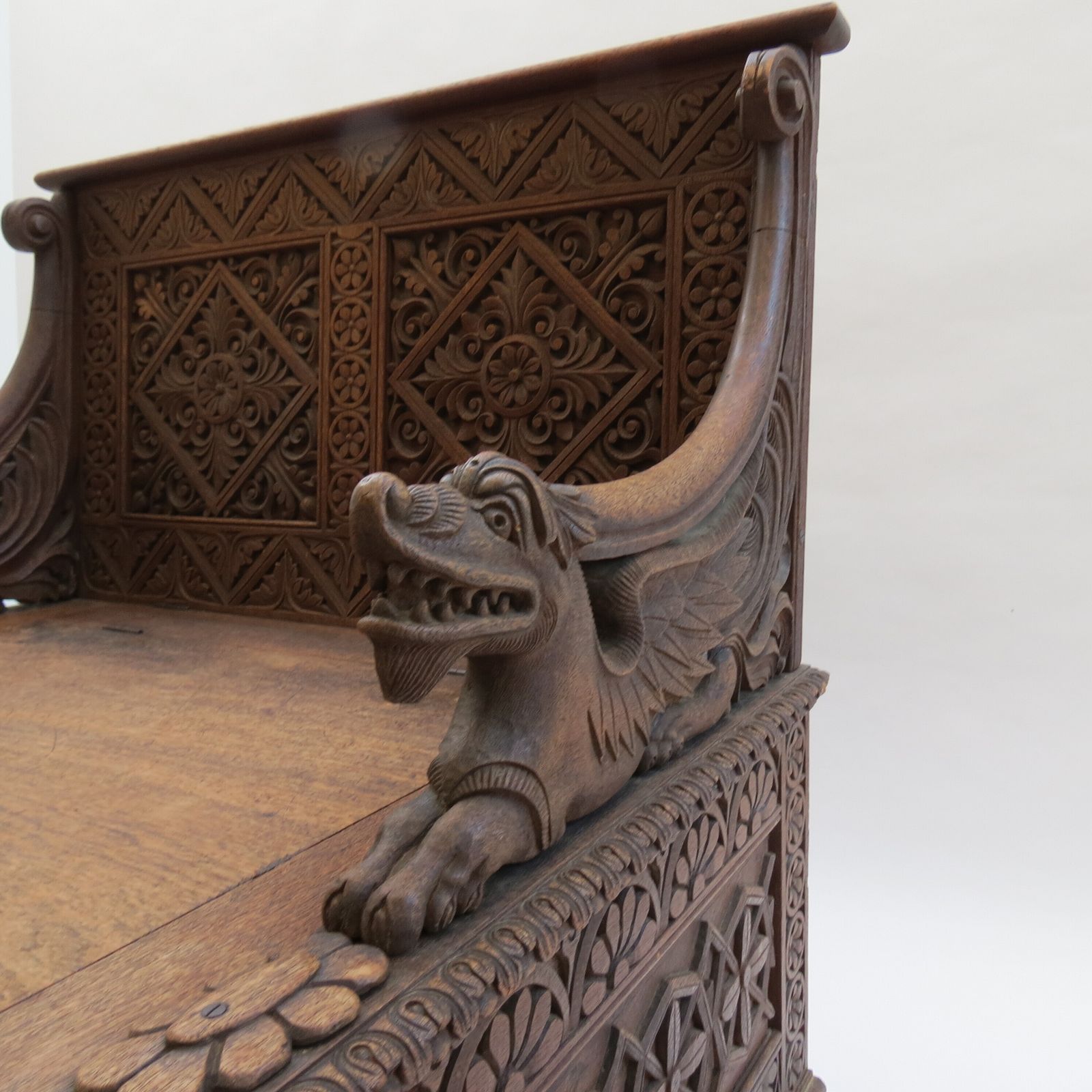 photo for sale Burmese Anglo Indian Gothic Revival Carved Hall Seat Chair 1880