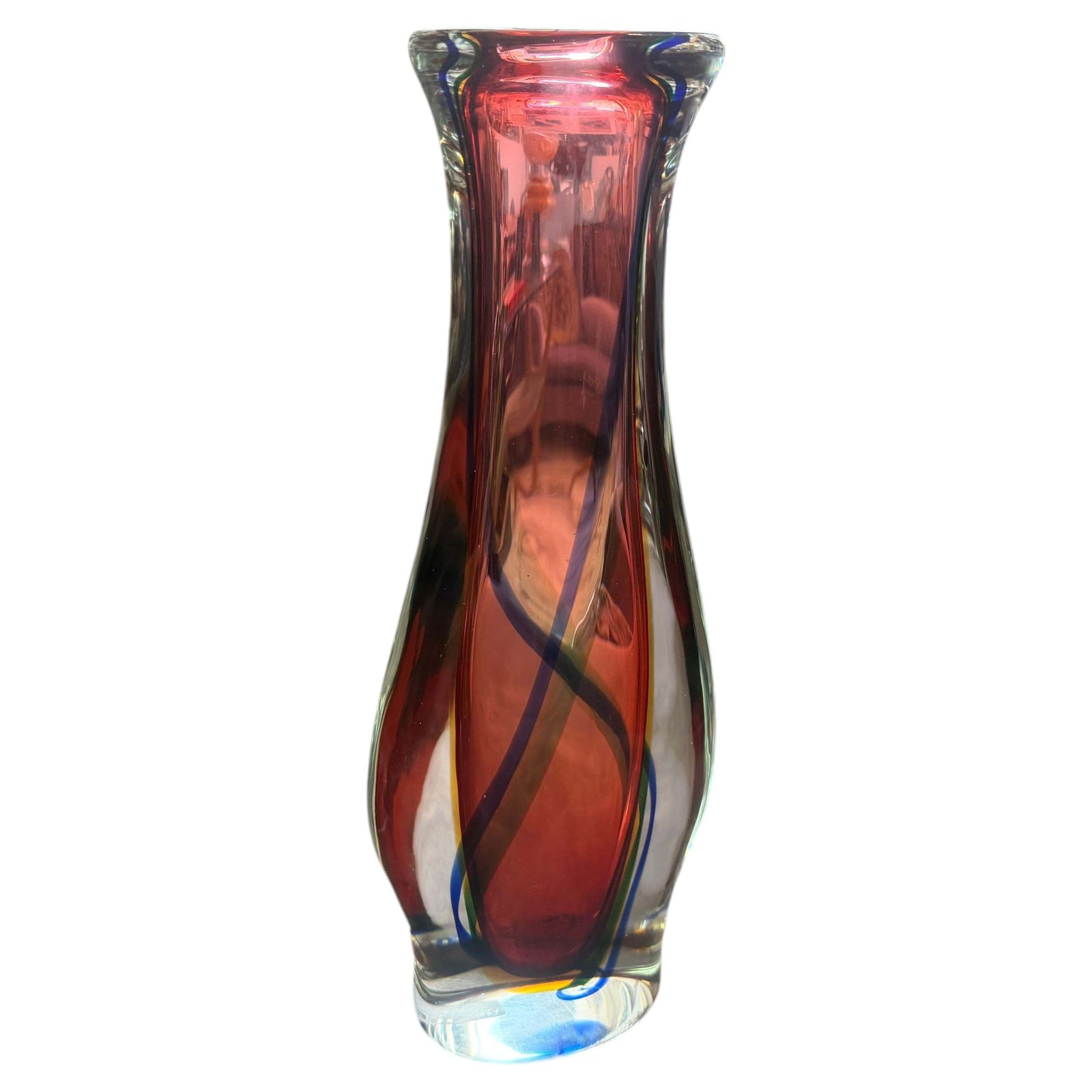 1980s Flavio Poli Modern Pink Blue And Yellow Sommerso Murano Glass Tall Vase