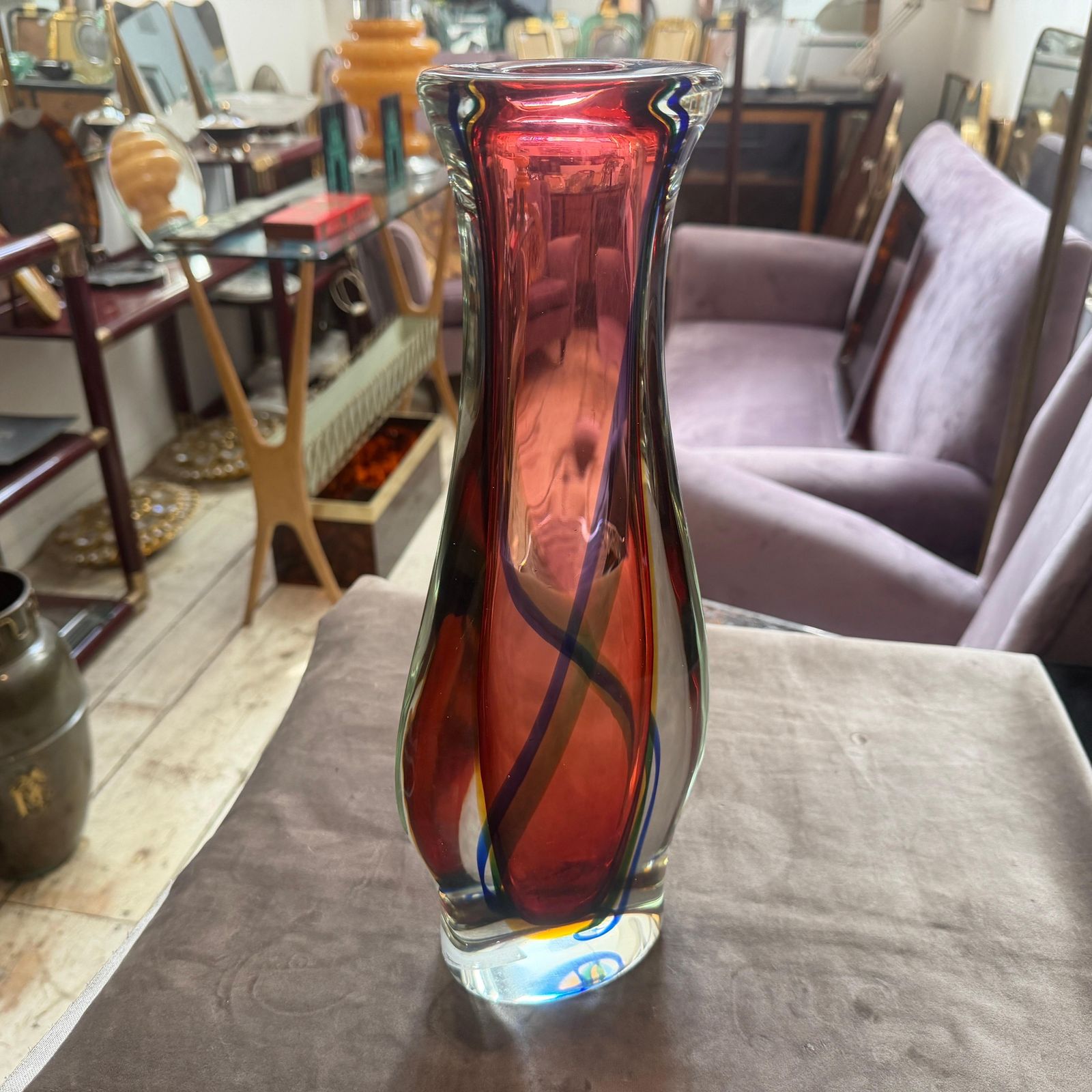 1980s Flavio Poli Modern Pink Blue And Yellow Sommerso Murano Glass Tall Vase photo furniture