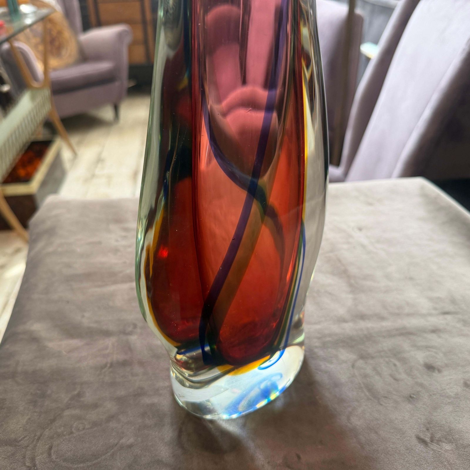 1980s Flavio Poli Modern Pink Blue And Yellow Sommerso Murano Glass Tall Vase photo for sale