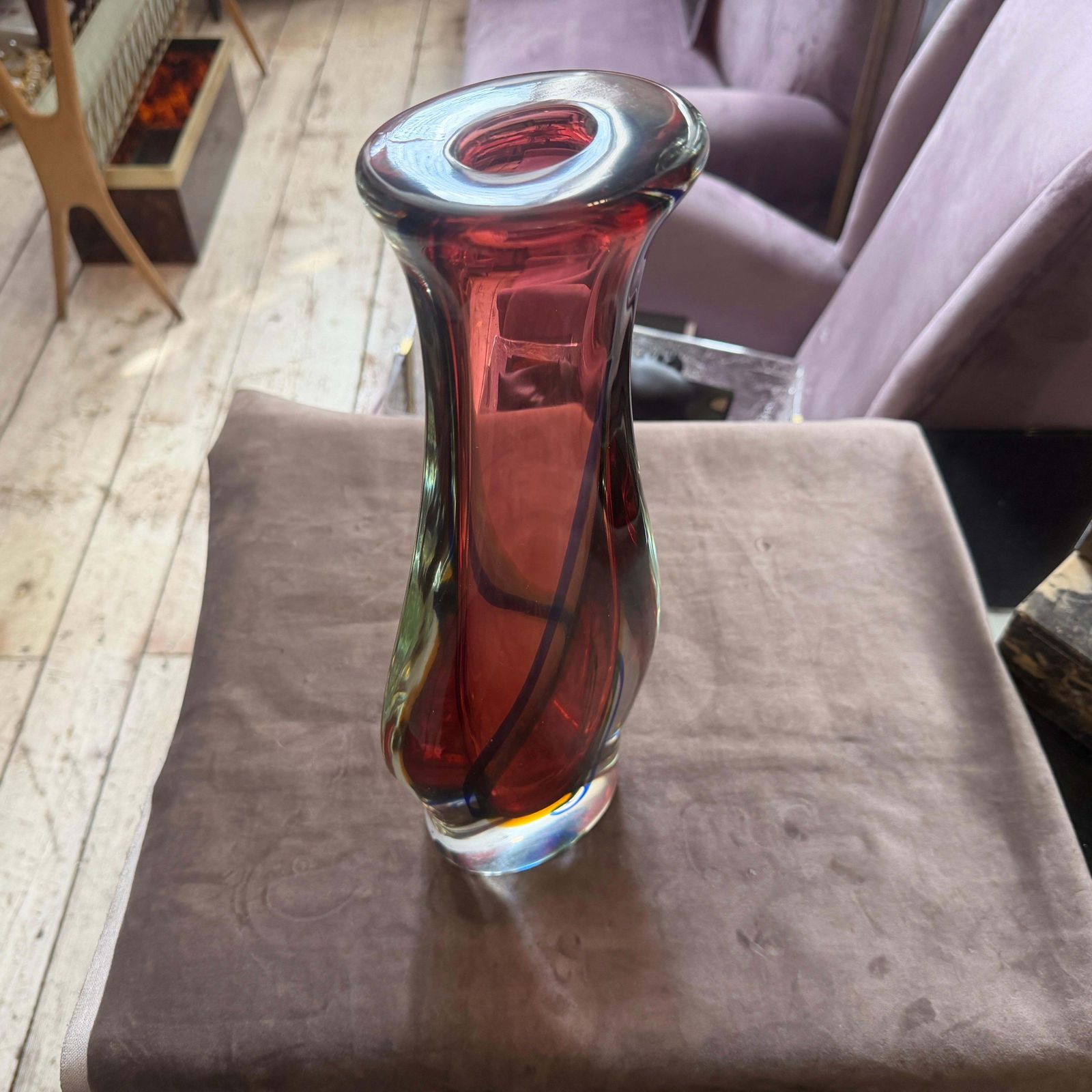 1980s Flavio Poli Modern Pink Blue And Yellow Sommerso Murano Glass Tall Vase photo 650.0