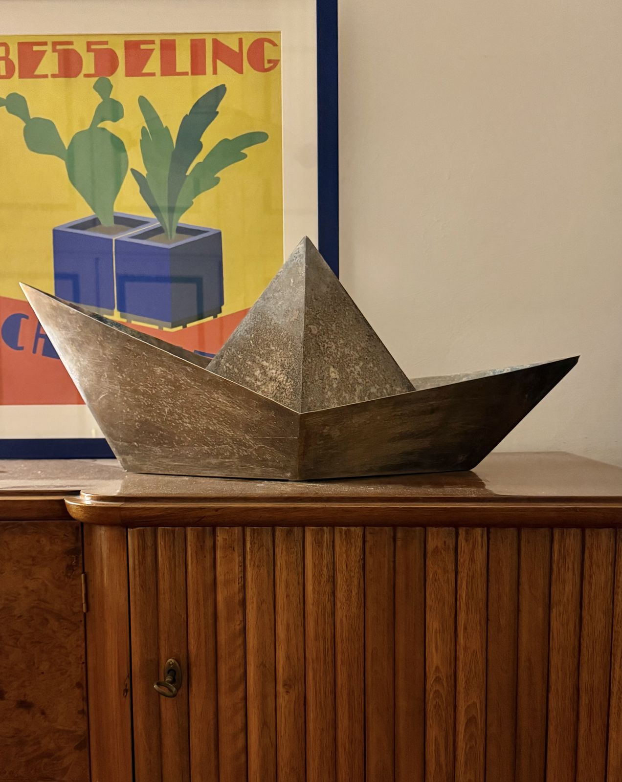 Modern Silver Plated Paper Boat Sculpture, Paola C. By Aldo Cibic Italy 1980s photo for sale