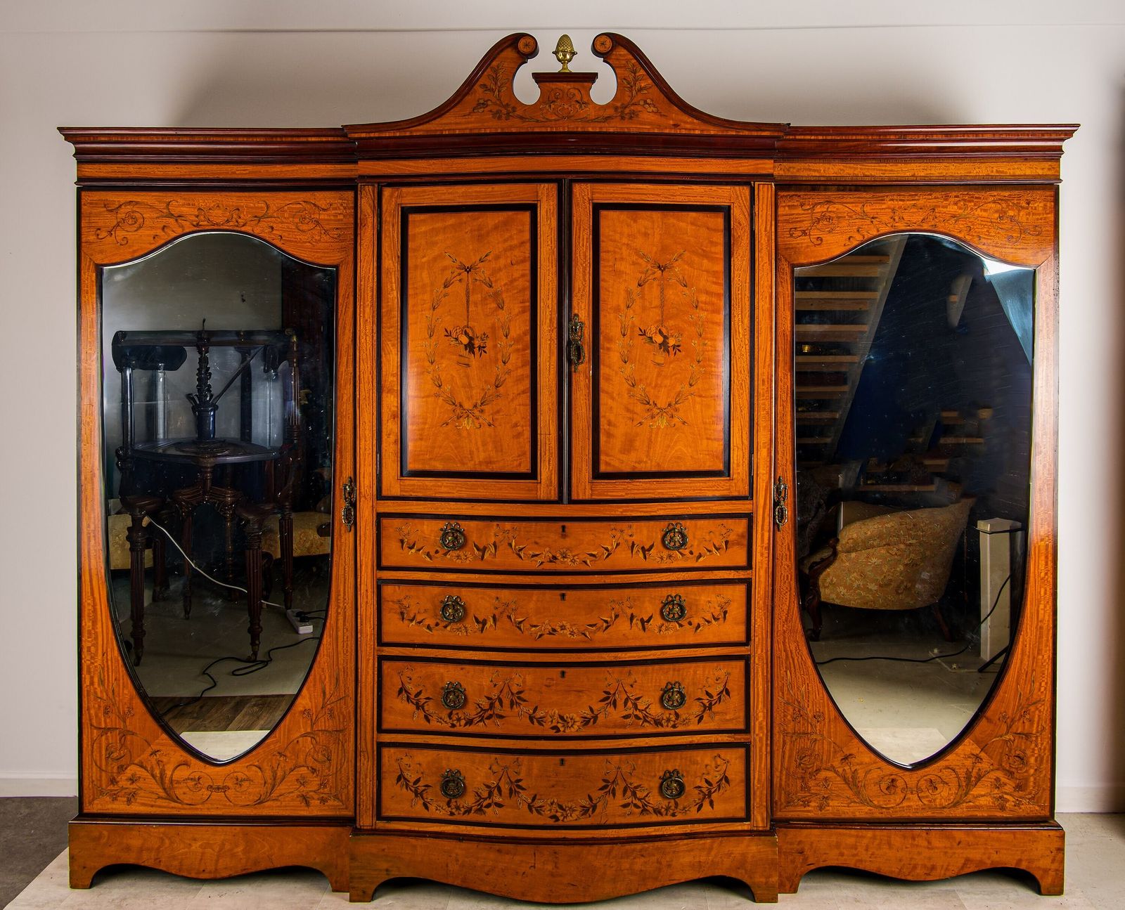 Antique Satinwood Inlaid Wardrobe / Compactum With Mirrored Doors & Drawers, Maple & Co Depository Label