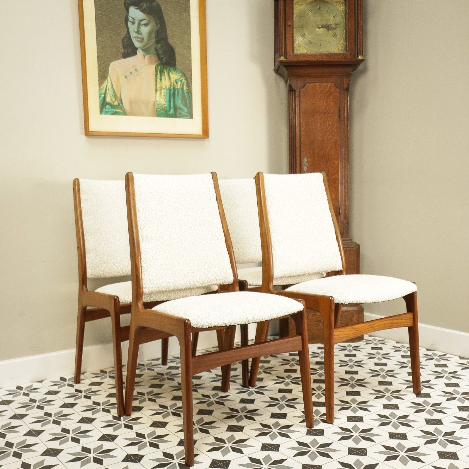 Teak Danish Style Dining Chairs In A Cotswold Cream Boucle Fabric Attr Erik Buch photo for sale