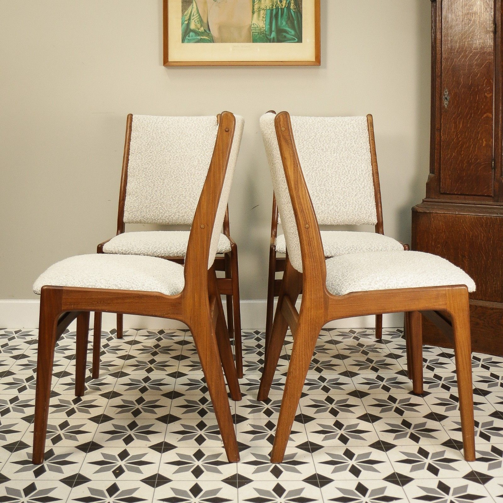 photo for sale Teak Danish Style Dining Chairs In A Cotswold Cream Boucle Fabric Attr Erik Buch