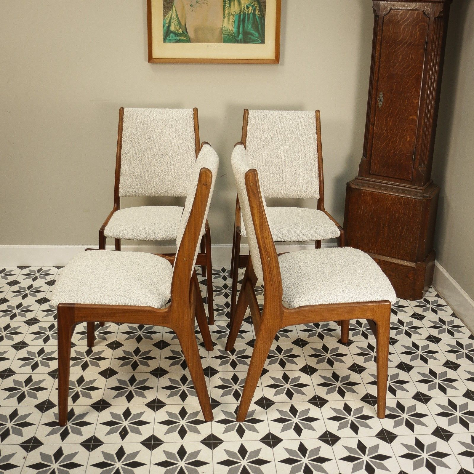 Furniture Teak Danish Style Dining Chairs In A Cotswold Cream Boucle Fabric Attr Erik Buch photo