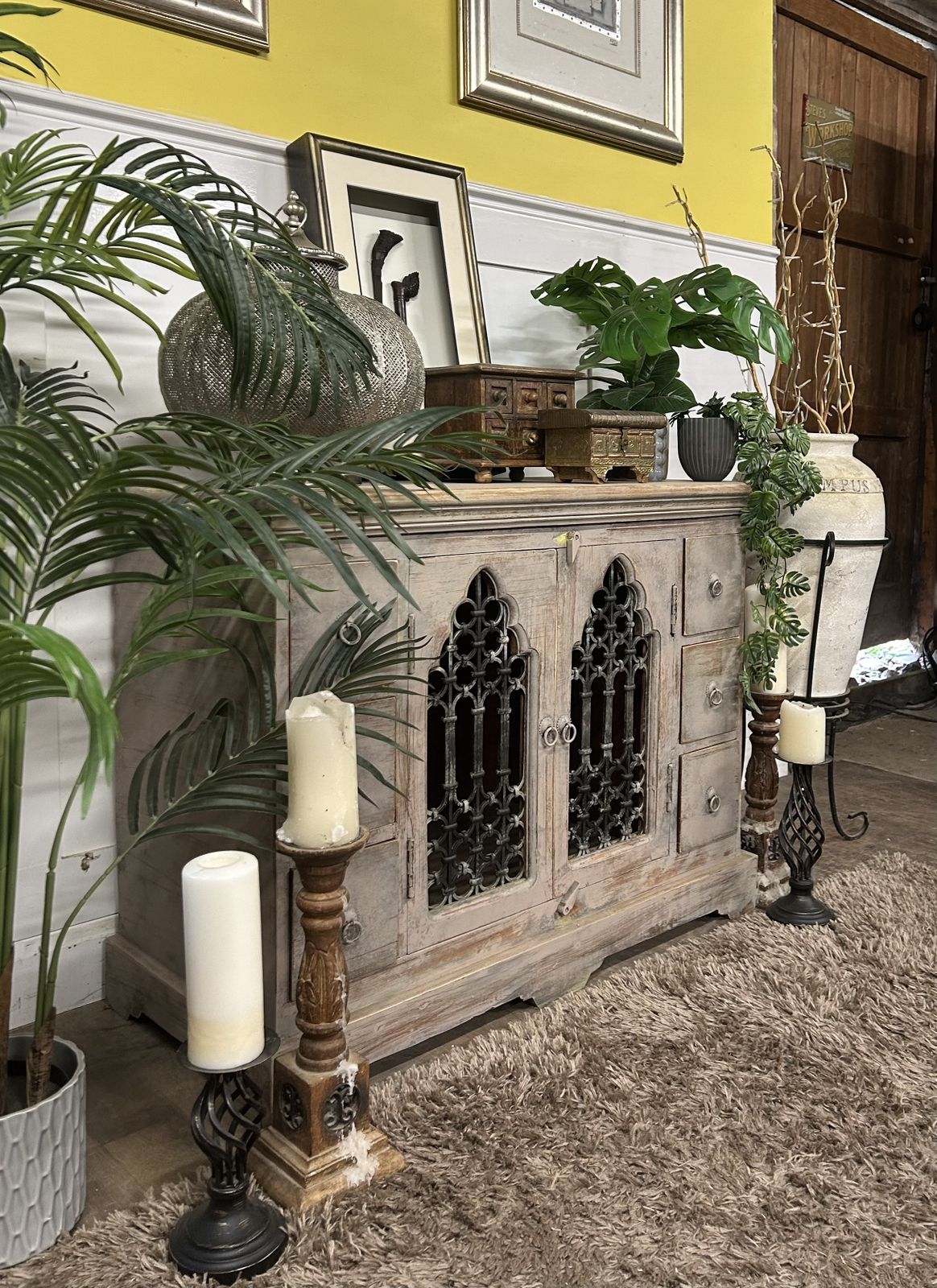 Breathtaking Vintage Indonesian Mango Heavy Wood & Cast Iron Sideboard. photo for sale