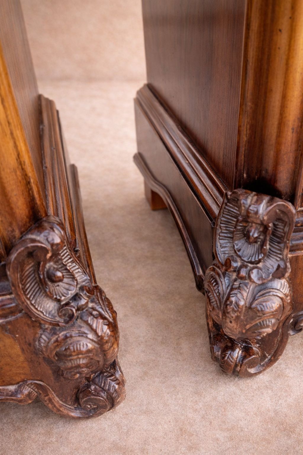 Pair Of French Walnut & Belgian “Sainte Anne” Marble Bedside Cabinets. photo for sale
