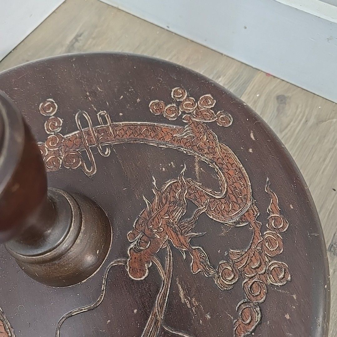 photo vintage Vintage Carved Standard Lamp Wooden Oriental Floor Light Chinese For Rewiring